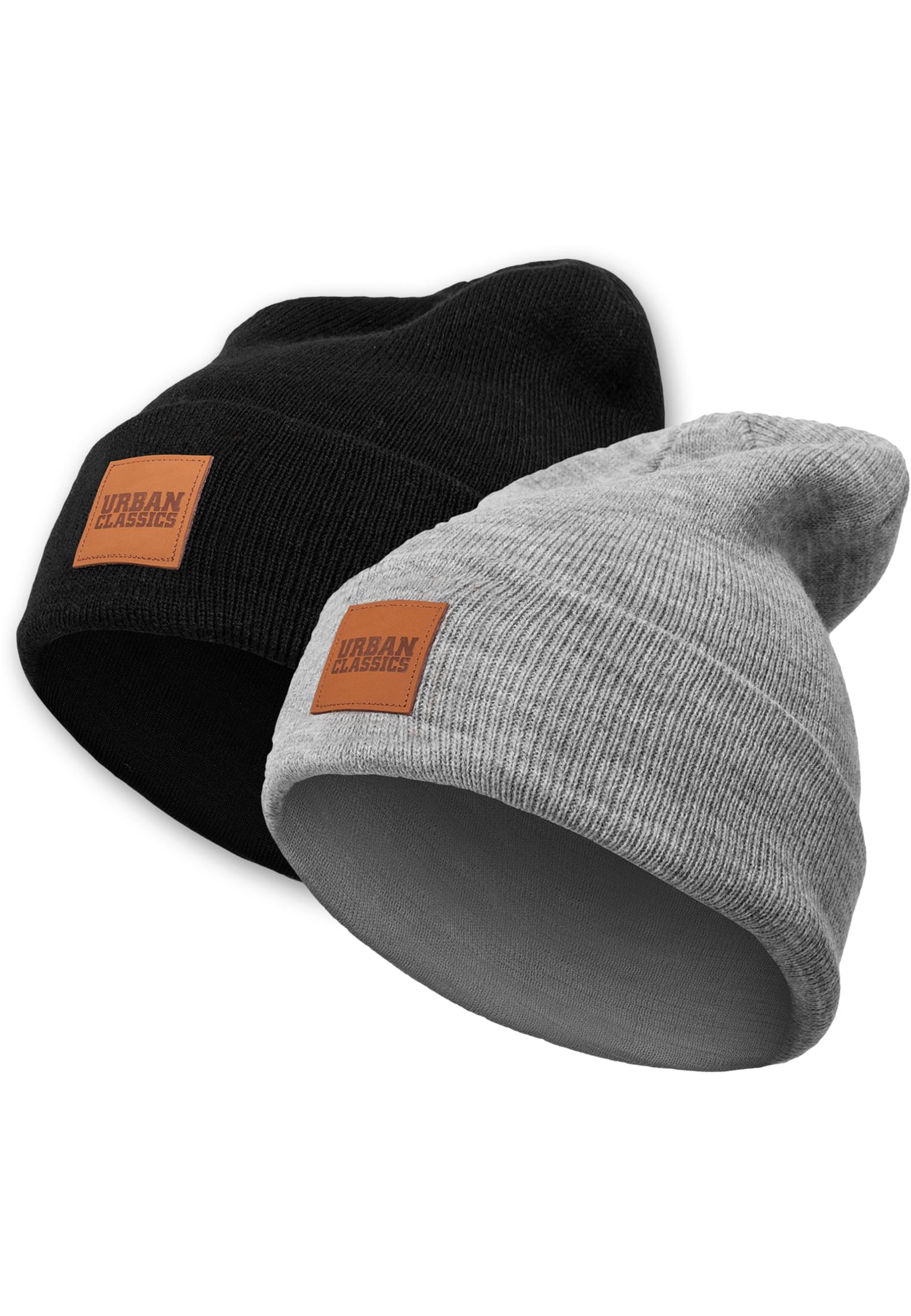 Synthetic Leatherpatch Long Beanie 2-Pack | black+grey