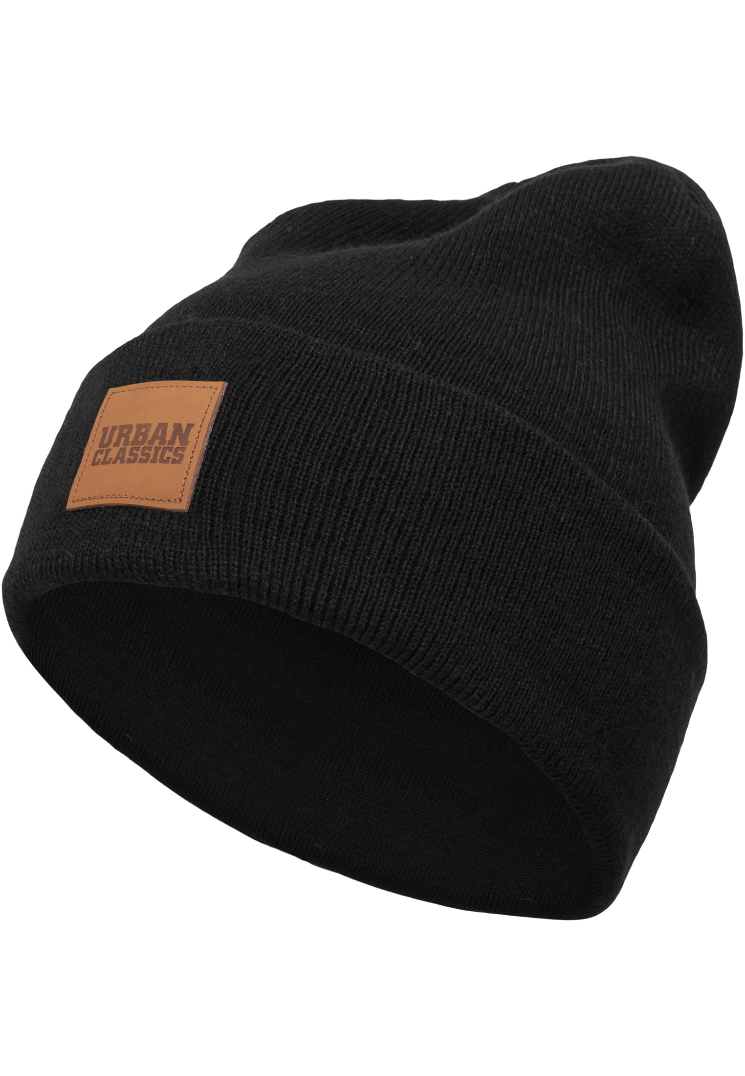 Synthetic Leatherpatch Long Beanie | black