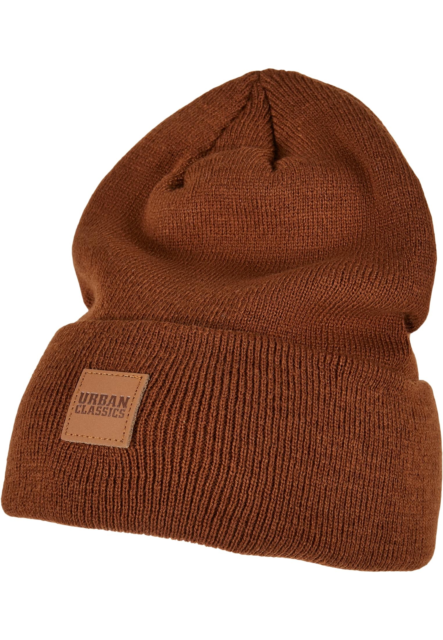 Synthetic Leatherpatch Long Beanie | toffee