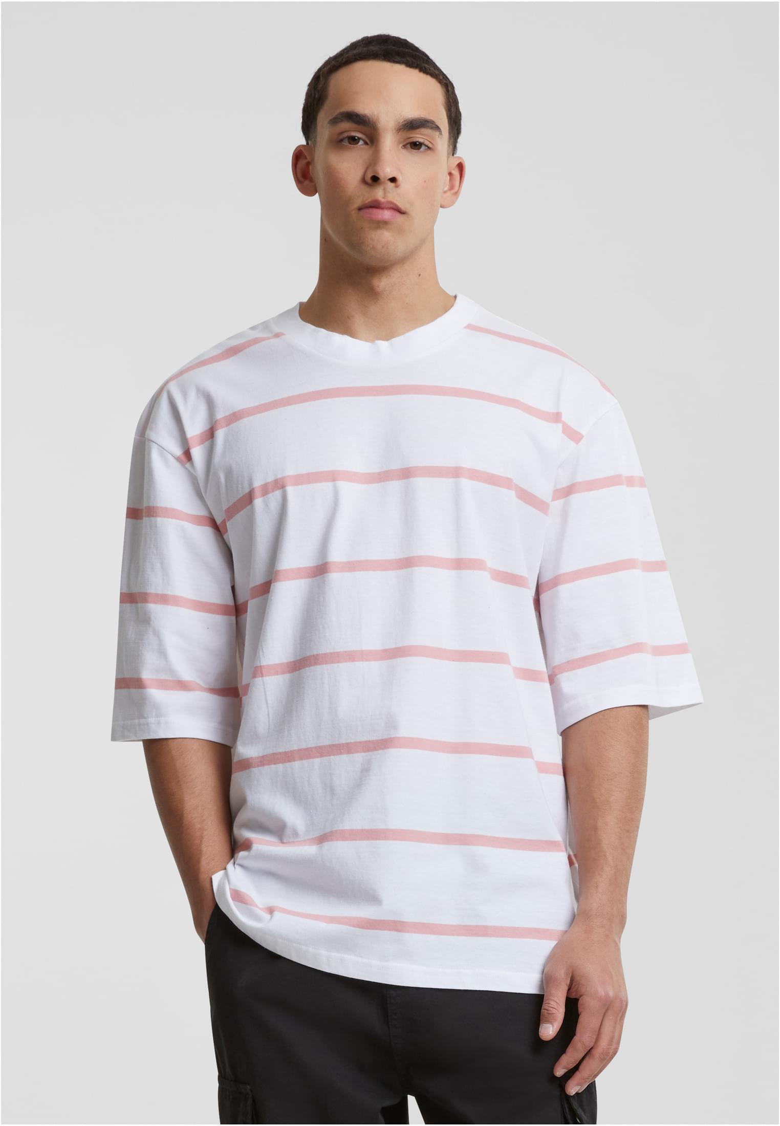 Oversized Sleeve Modern Stripe Tee | white/lemonadepink