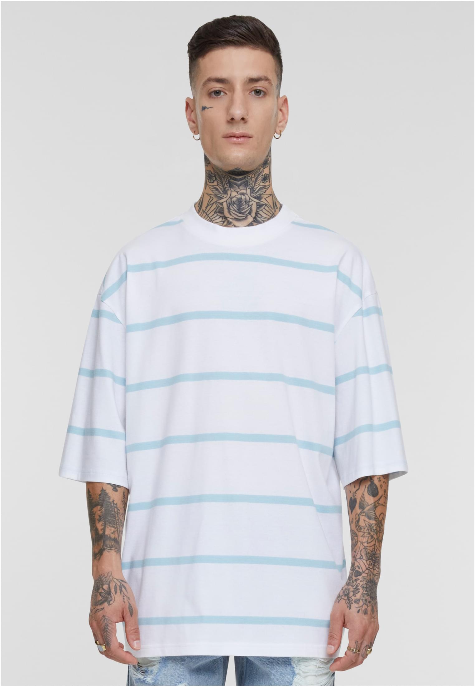 Oversized Sleeve Modern Stripe Tee | white/oceanblue