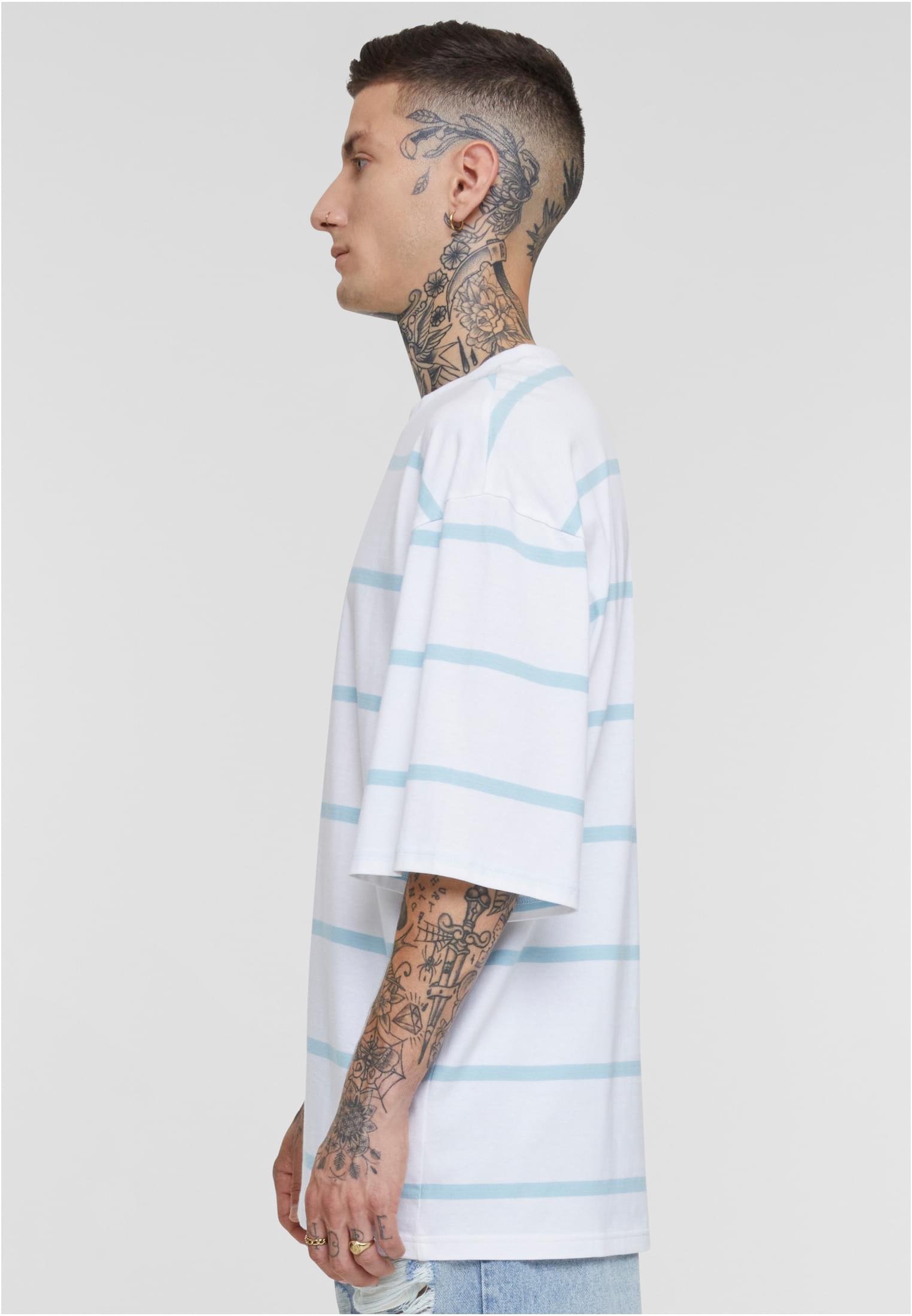 Oversized Sleeve Modern Stripe Tee | white/oceanblue