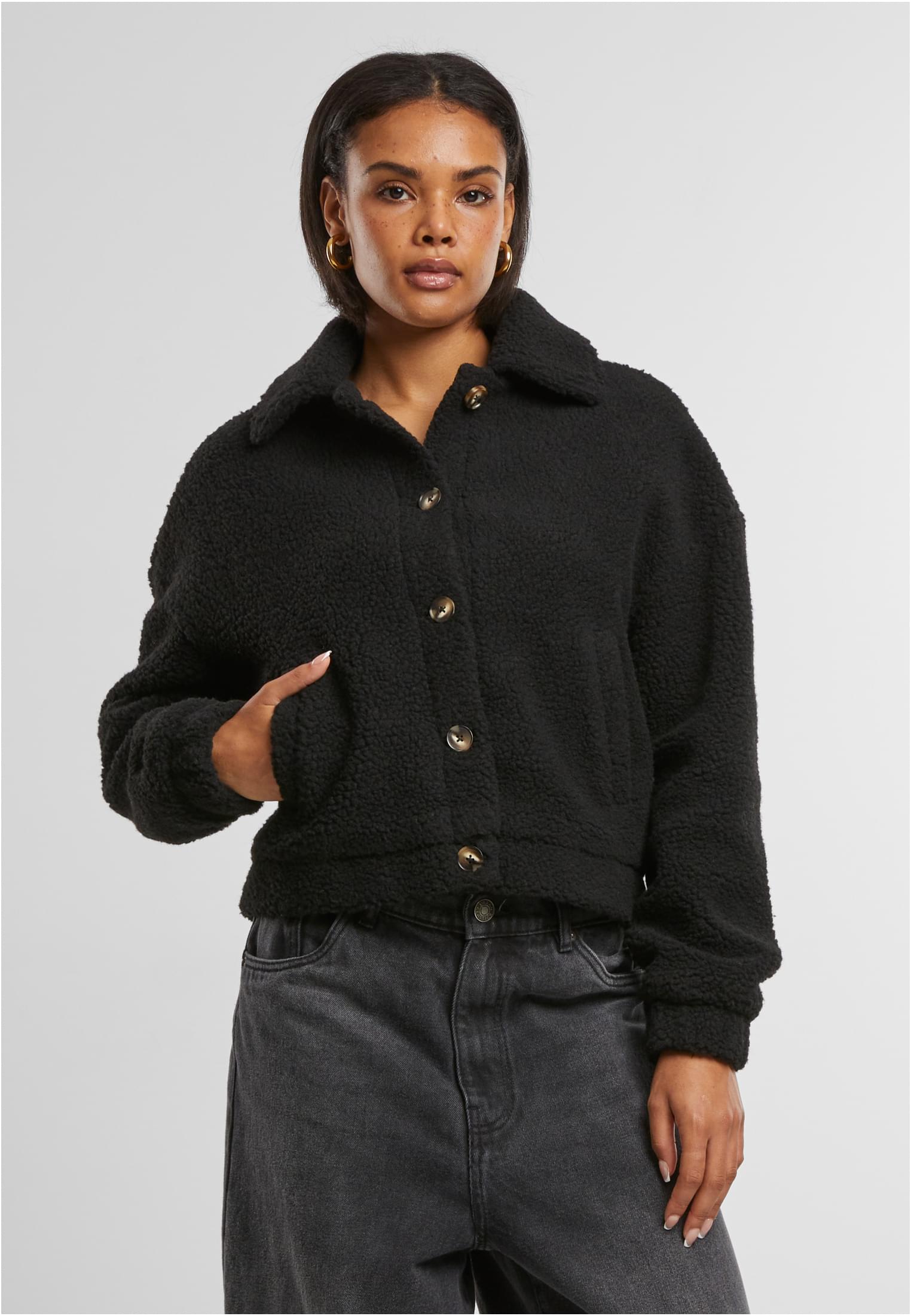 Ladies Short Sherpa Button Jacket | black