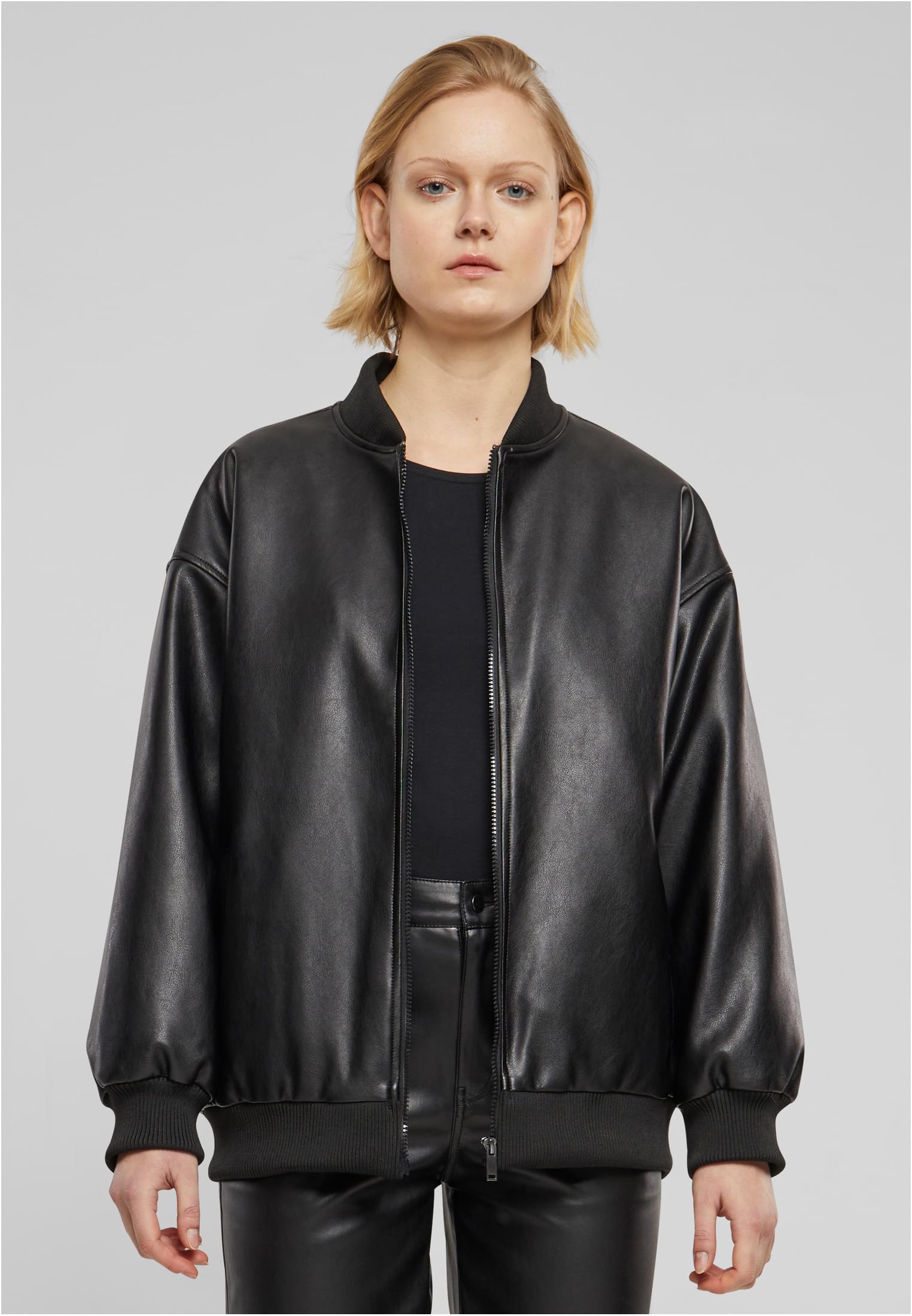 Ladies Synthetic Leather Bomber Jacket | black