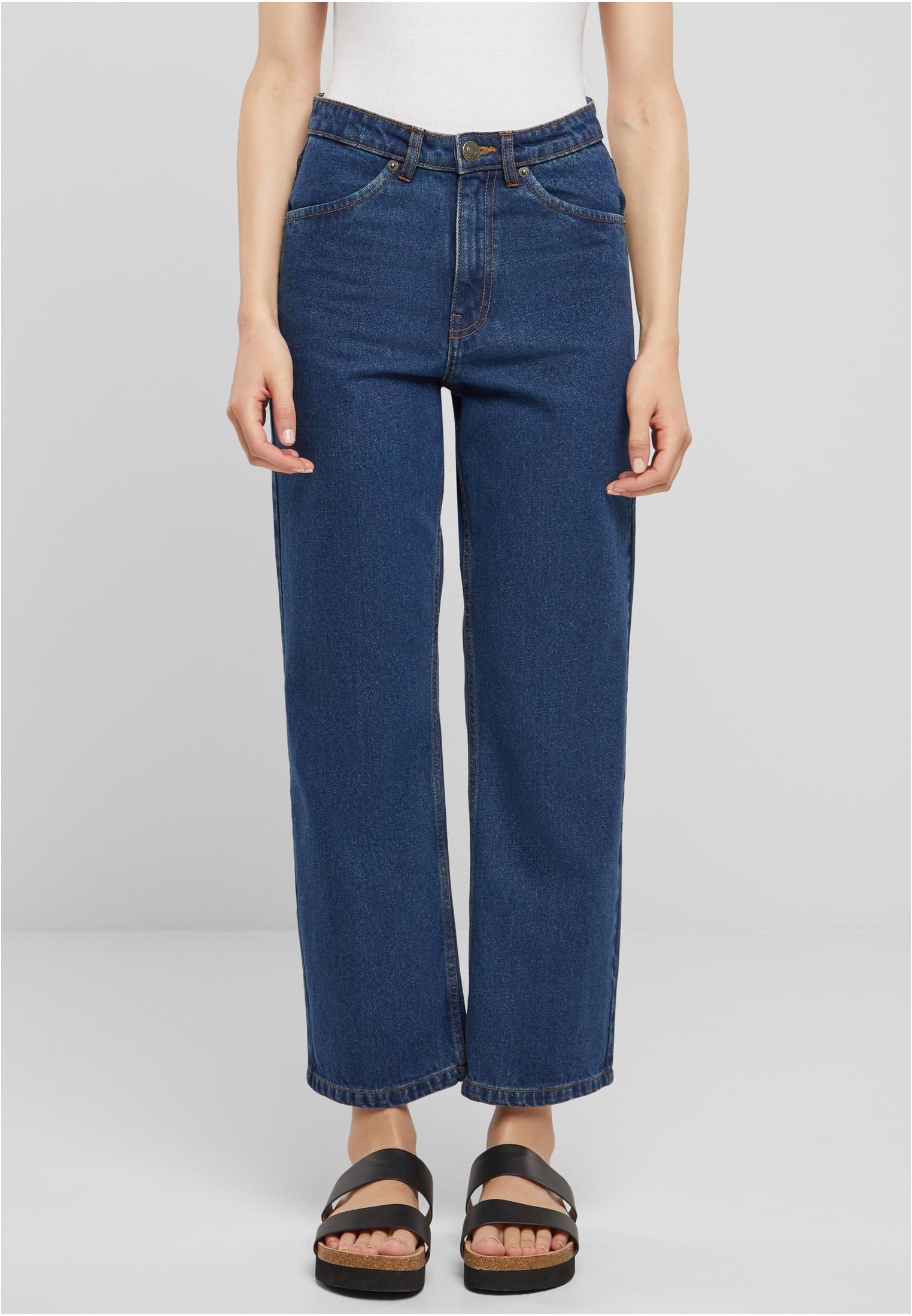 Ladies Cropped Straight Leg Denim Pants | mid indigo washed