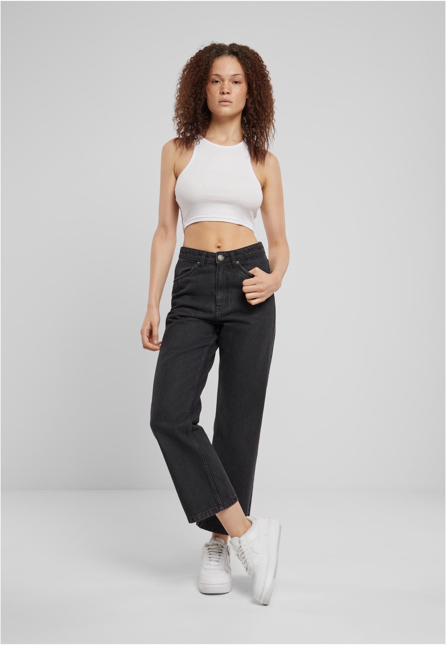 Ladies Cropped Straight Leg Denim Pants | black washed