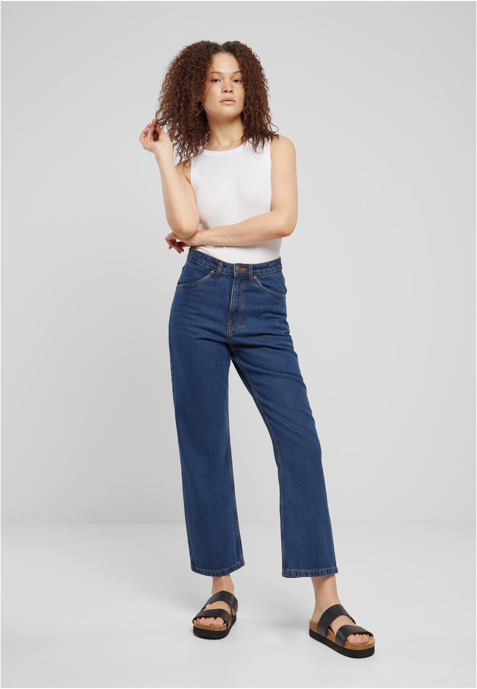 Ladies Cropped Straight Leg Denim Pants | mid indigo washed