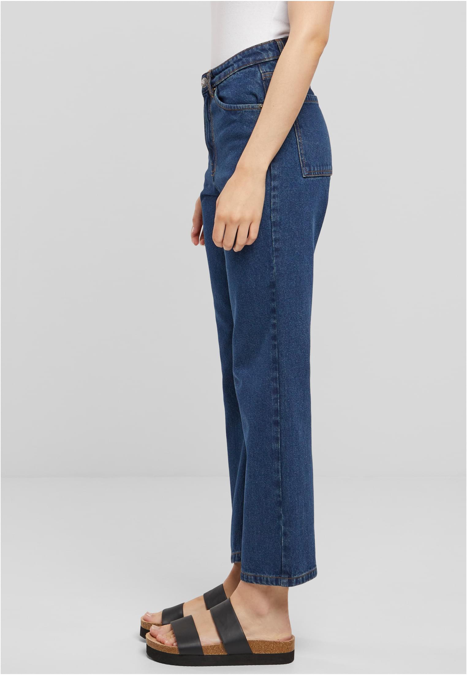 Ladies Cropped Straight Leg Denim Pants | mid indigo washed