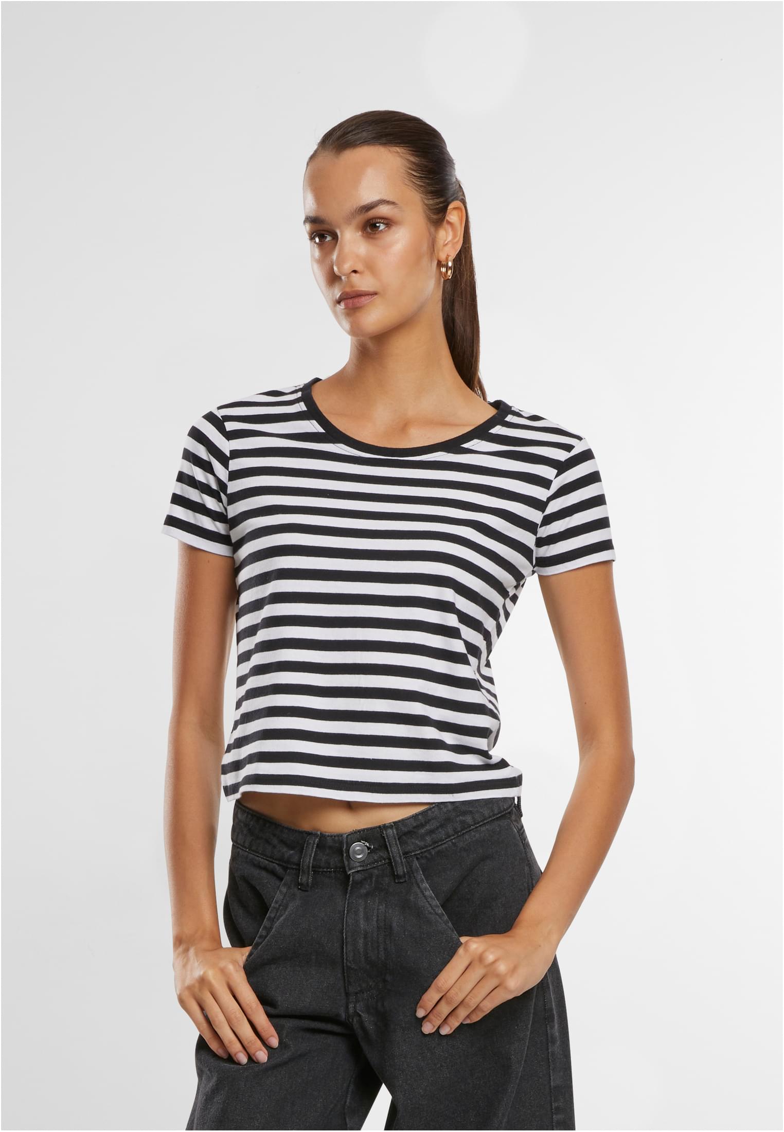 Ladies Short Striped Tee | white/black