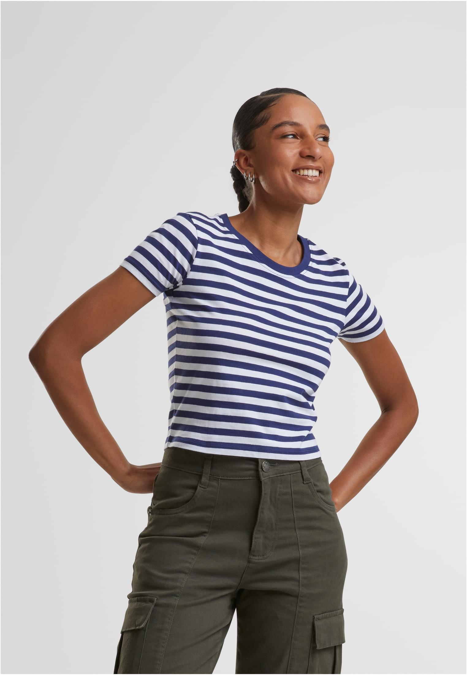 Ladies Short Striped Tee | white/darkblue