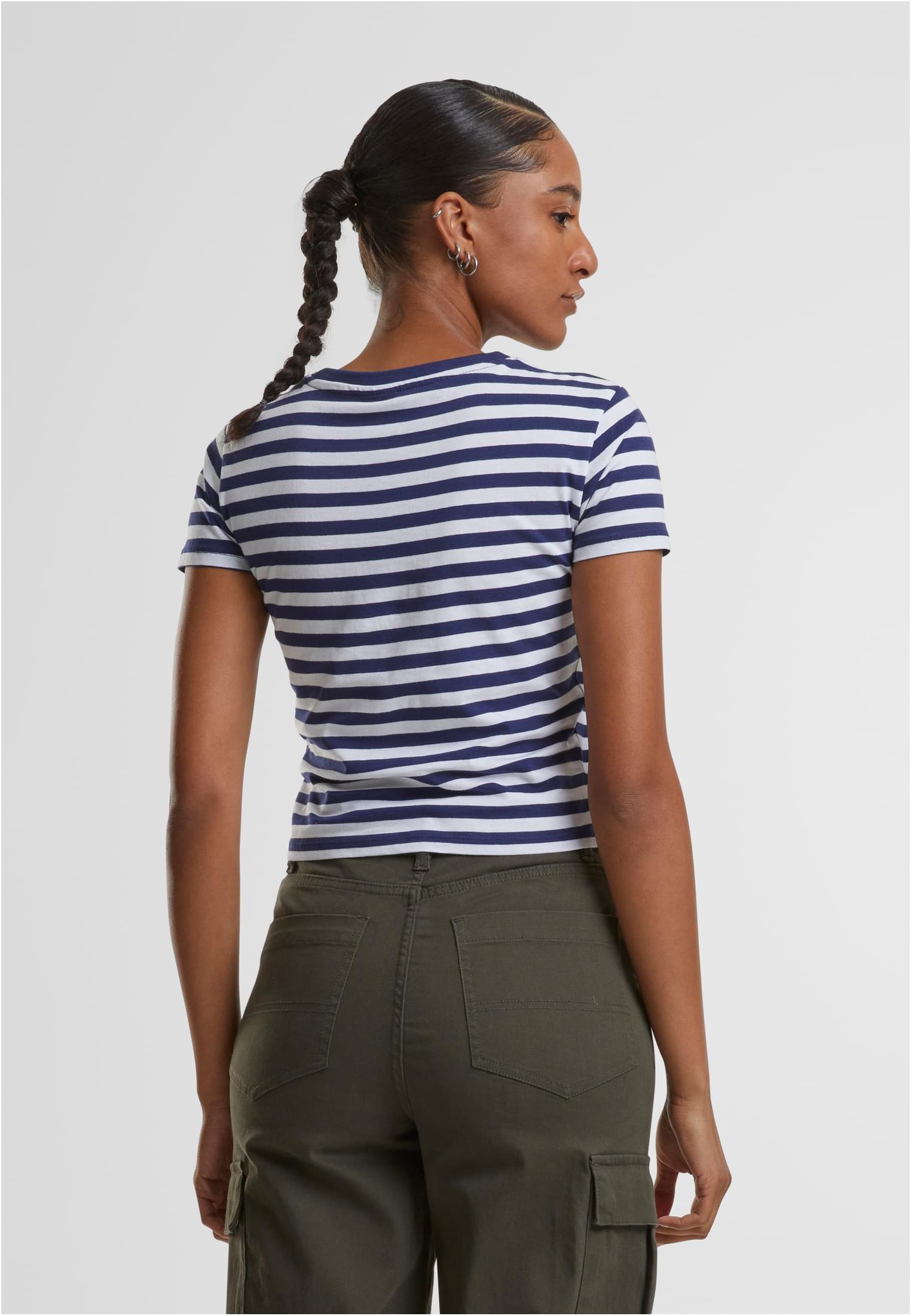 Ladies Short Striped Tee | white/darkblue