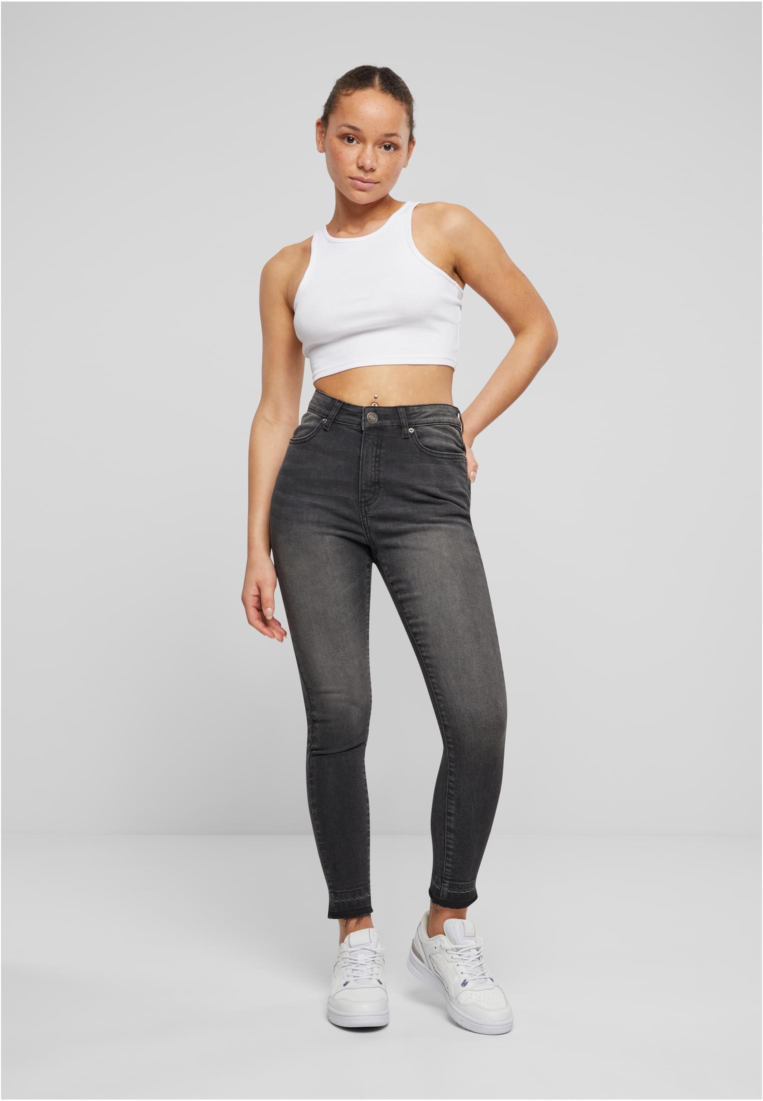 Ladies Skinny High Waist Open Hem Jeans | black washed