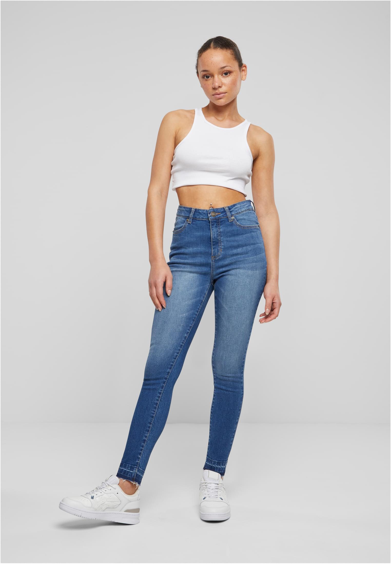 Ladies Skinny High Waist Open Hem Jeans | blue washed