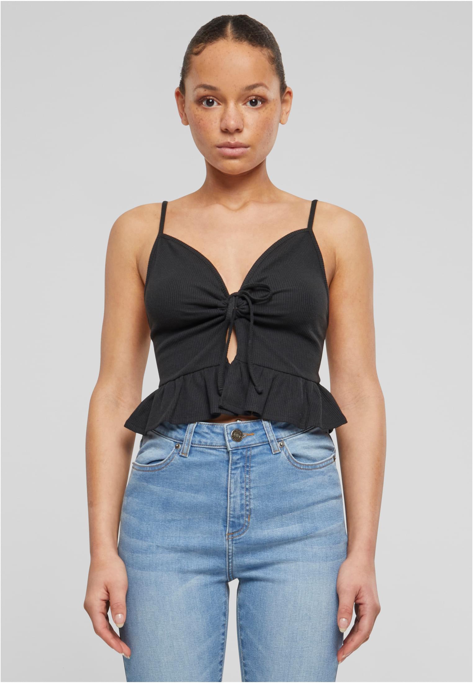 Ladies Waffle Pique Ruffle Top | black