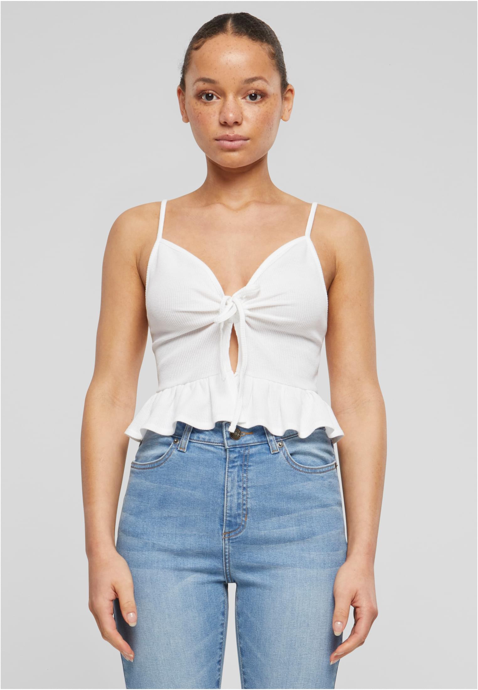 Ladies Waffle Pique Ruffle Top | white