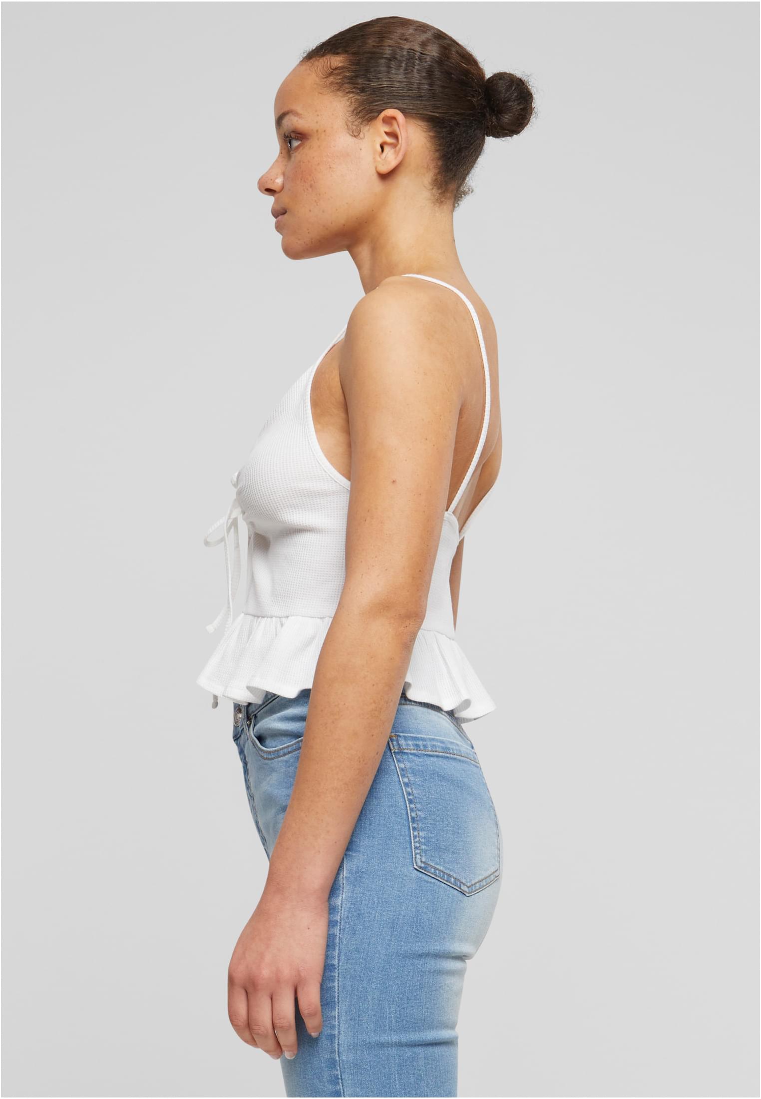 Ladies Waffle Pique Ruffle Top | white