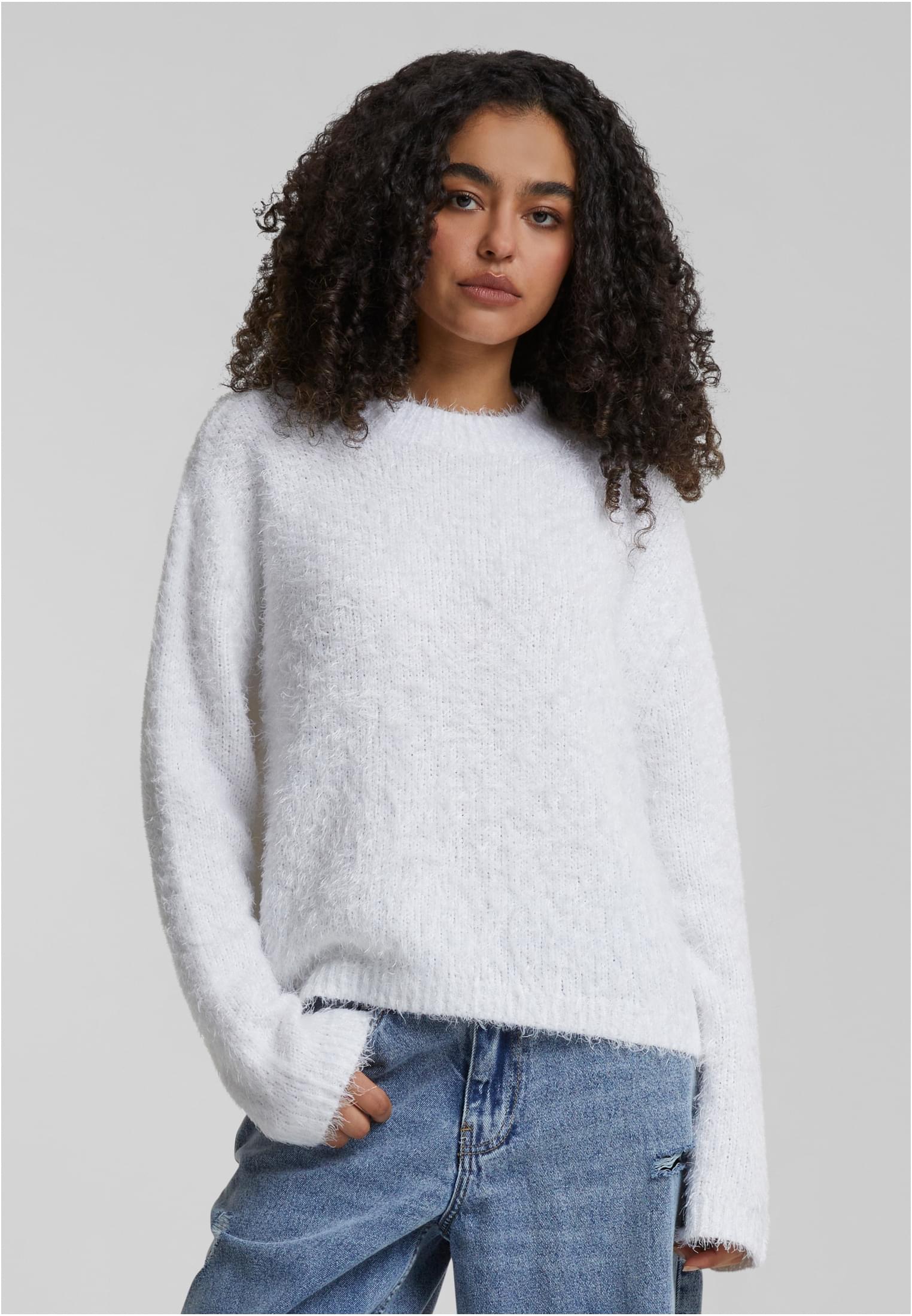 Ladies Feather Mock Neck Sweater | white