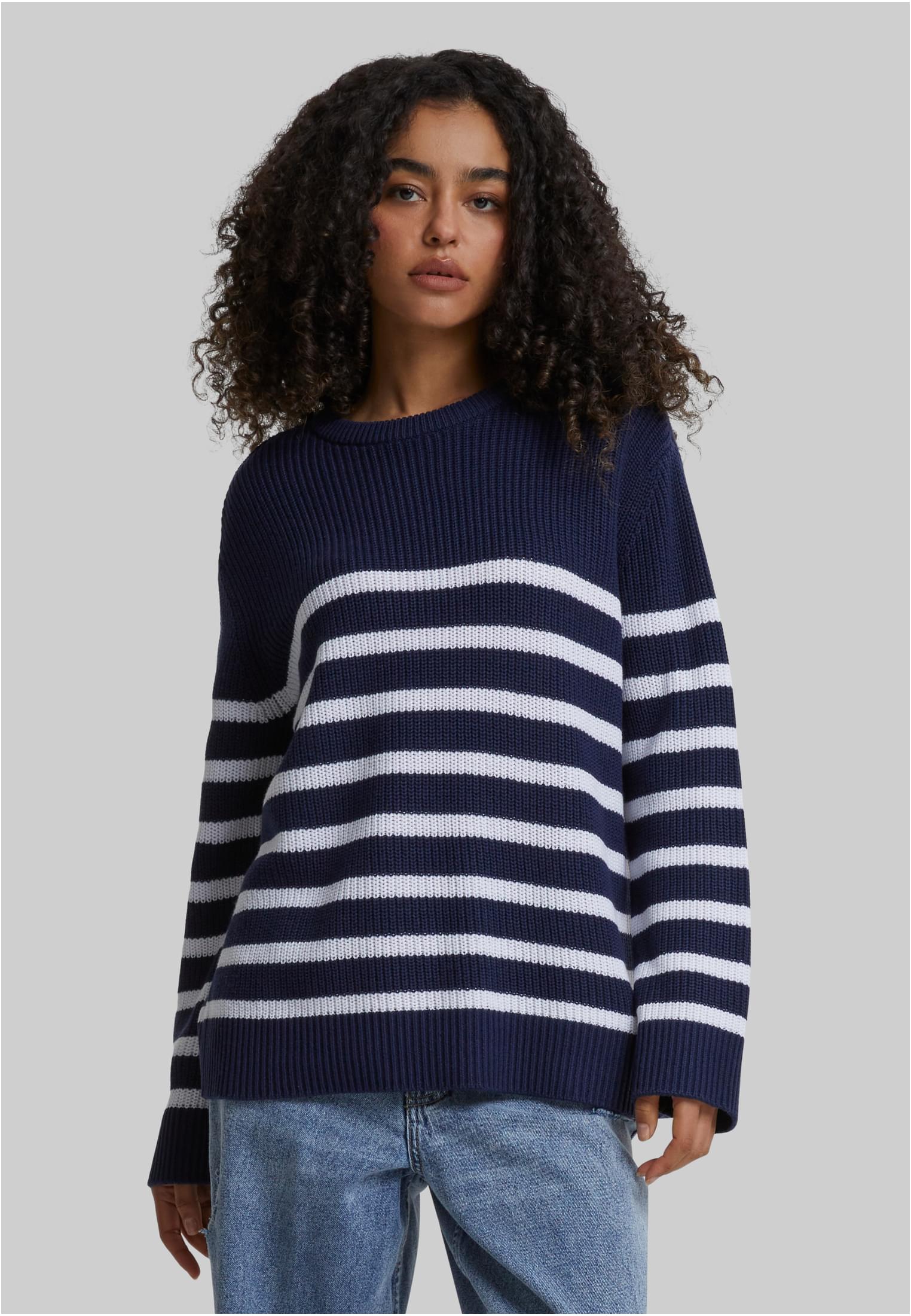 Ladies Rib Striped Sweater | navy/white