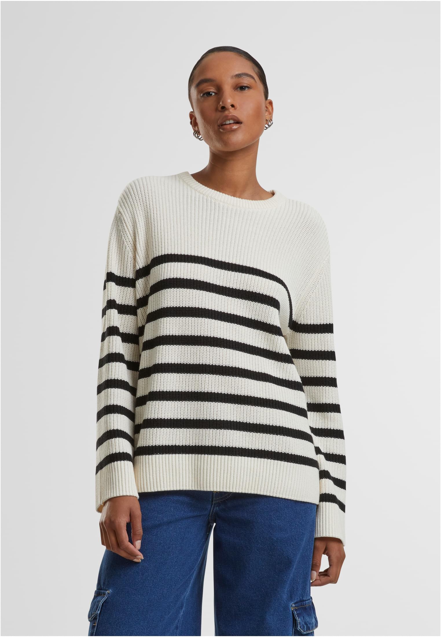 Ladies Rib Striped Sweater | whitesand/black