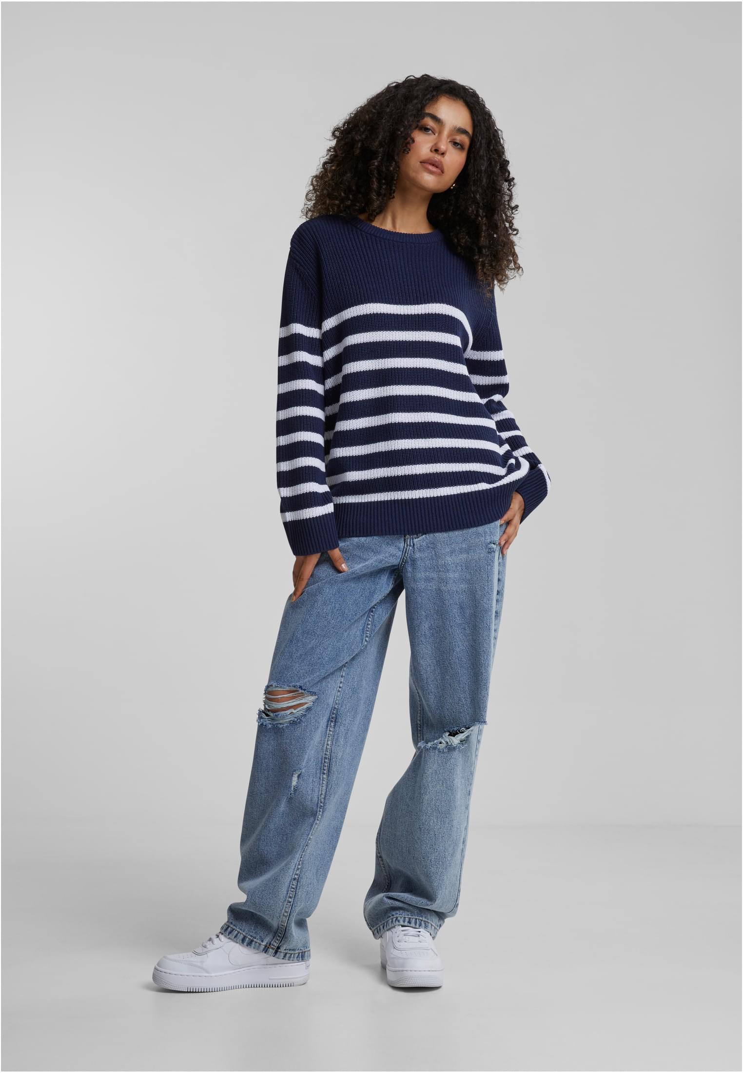 Ladies Rib Striped Sweater | navy/white