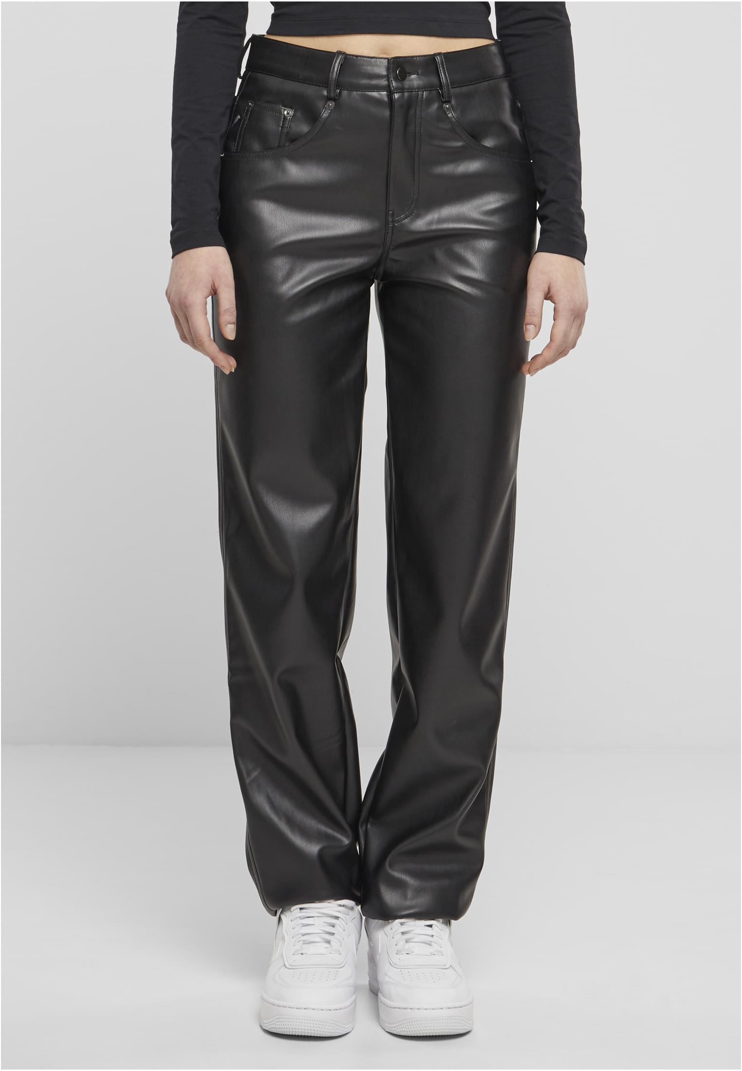 Ladies Straight Leg Synthetic Leather Pants | black