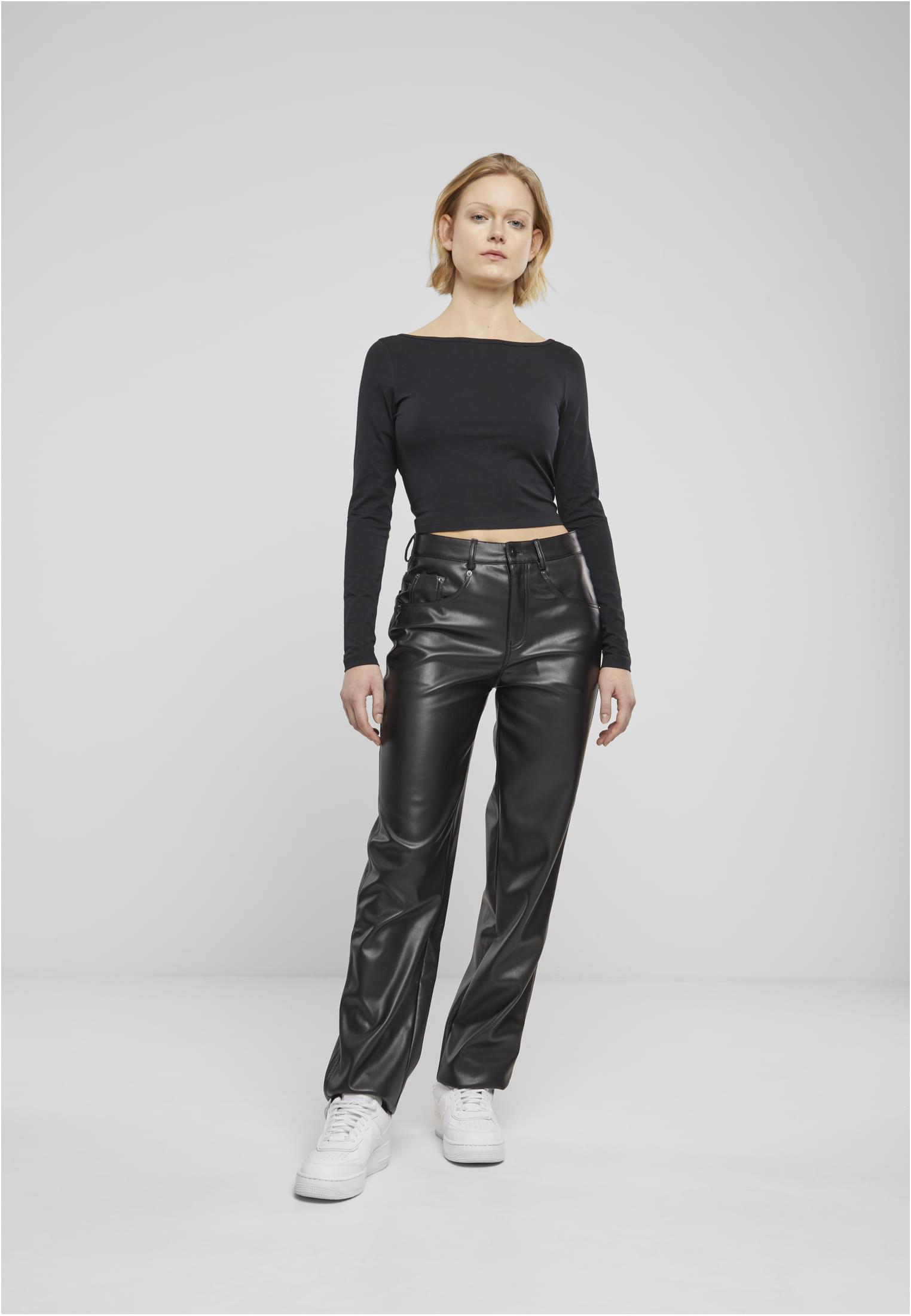 Ladies Straight Leg Synthetic Leather Pants | black