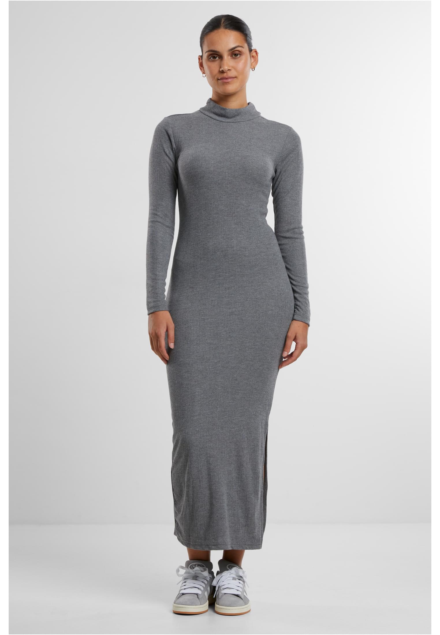 Ladies Rib Longlseeve Mockneck Dress | darkgreymelange