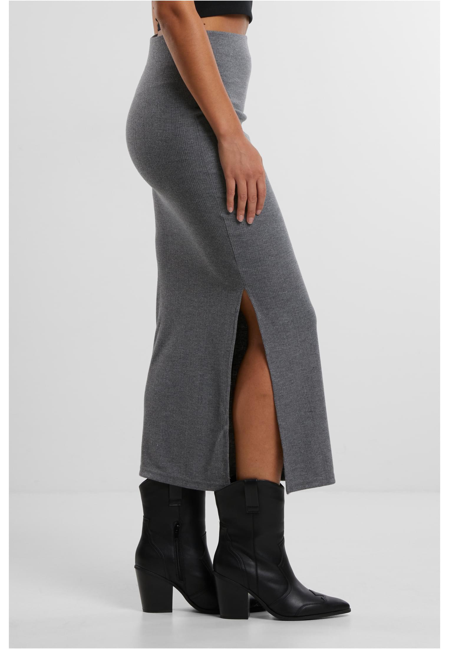 Ladies Rib High Slit Skirt | darkgreymelange