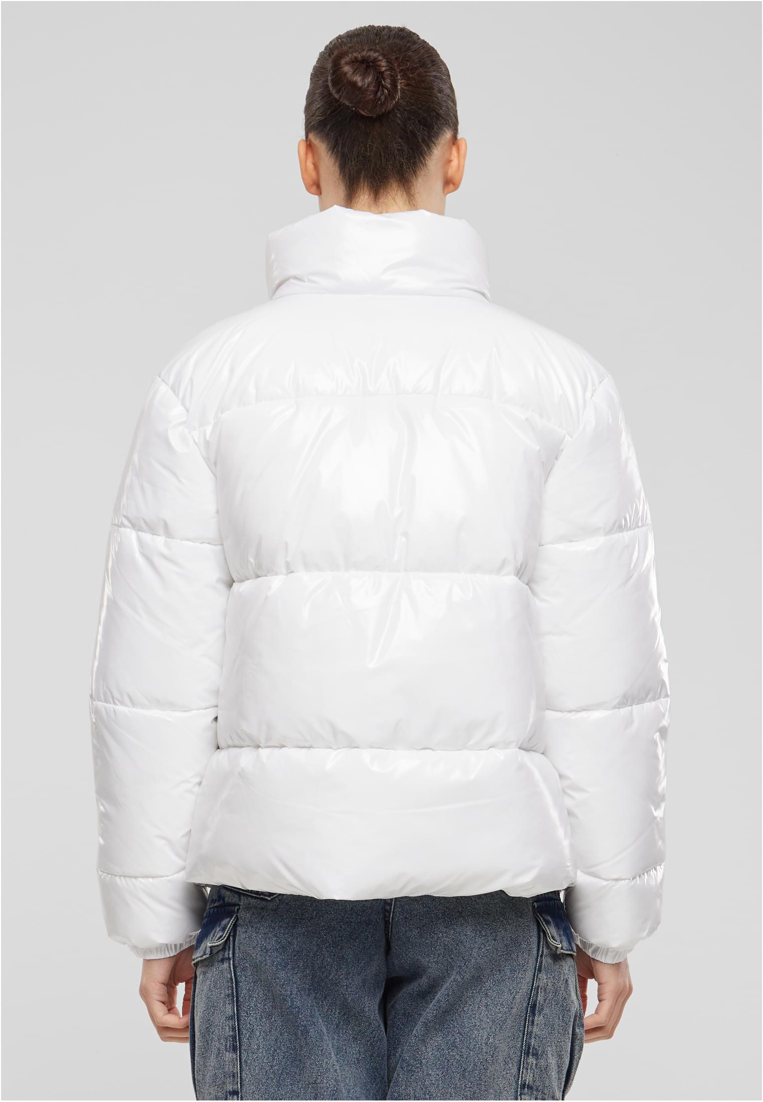 Ladies Recycled Short Shiny Puffer Jacket | white