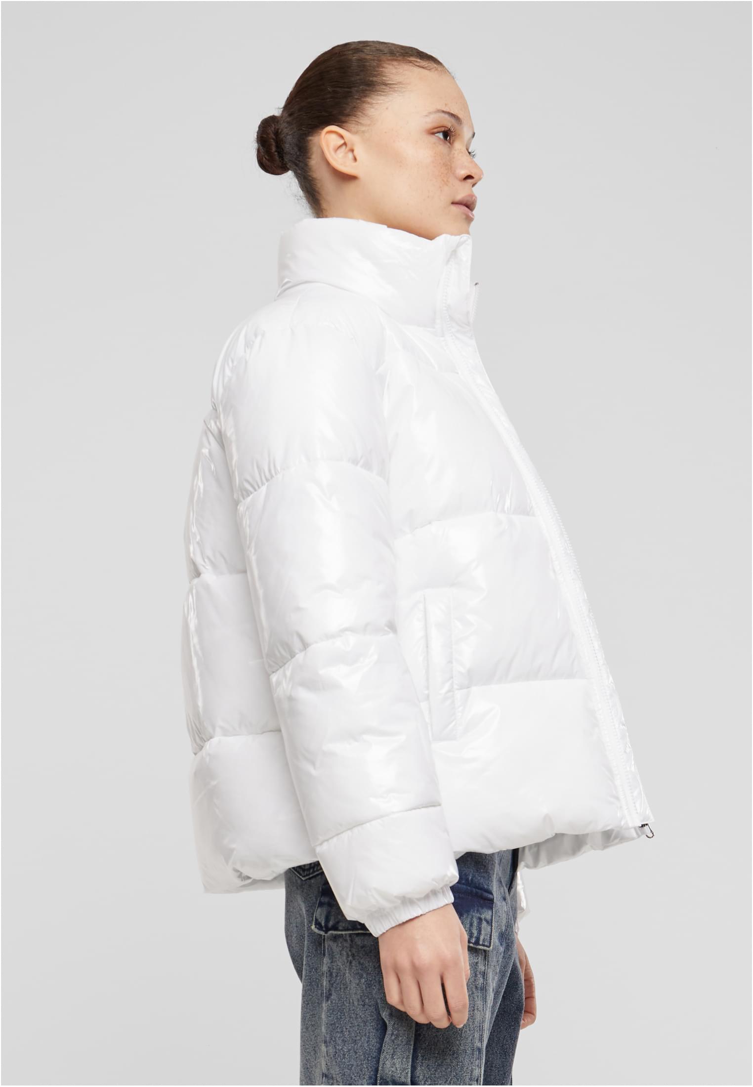 Ladies Recycled Short Shiny Puffer Jacket | white