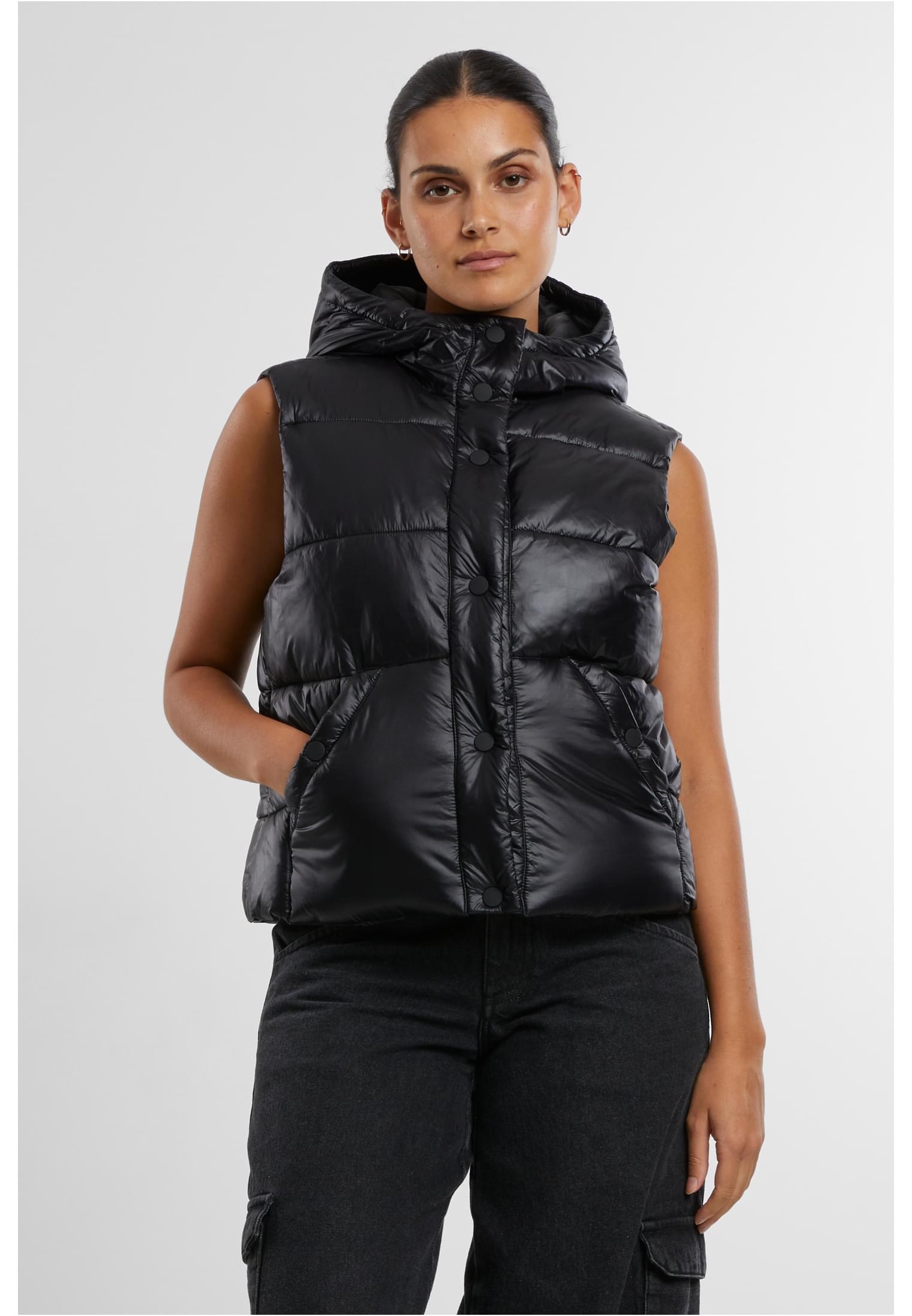 Ladies Recycled Shiny Puffer Vest with Hood | black