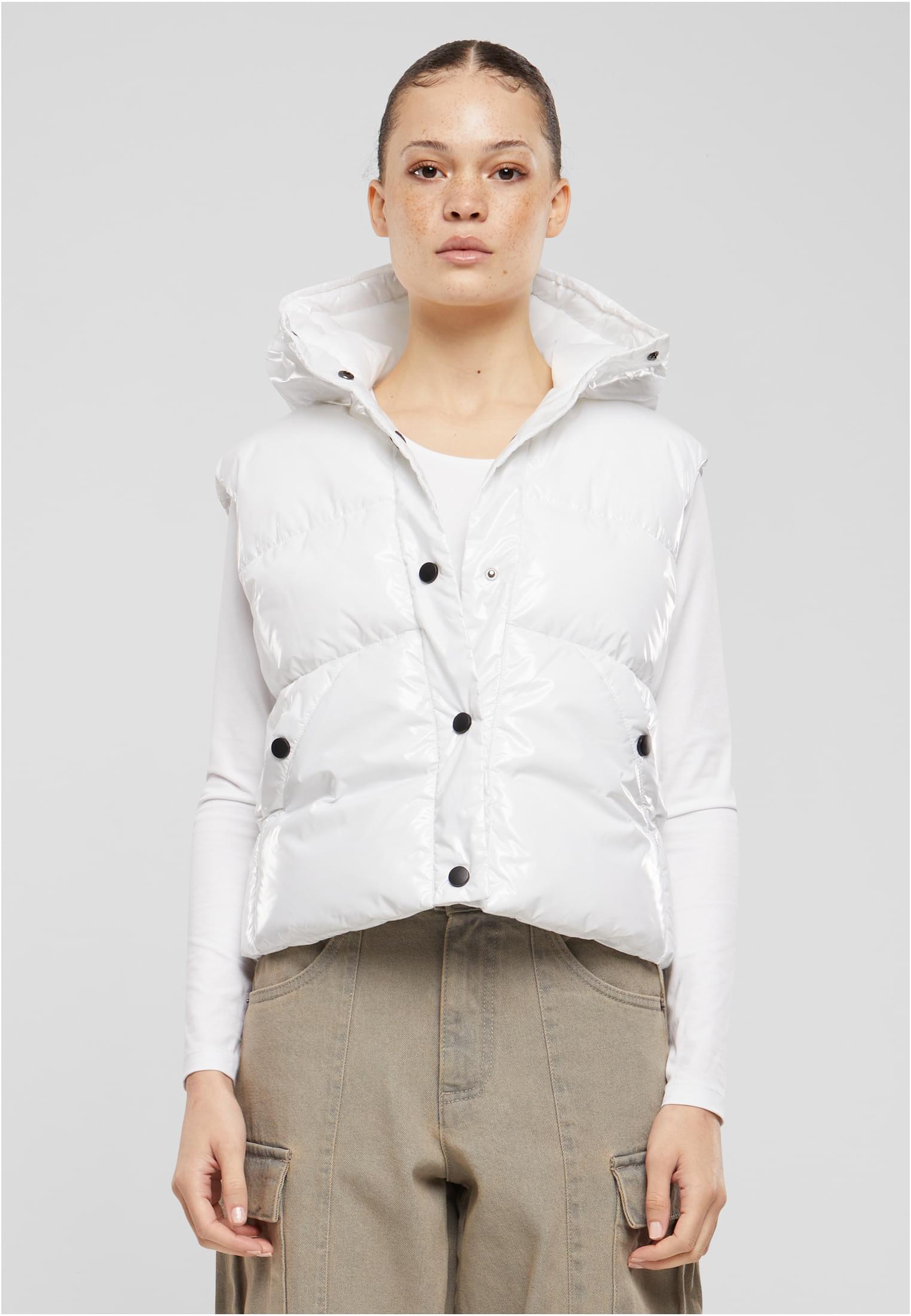 Ladies Recycled Shiny Puffer Vest with Hood | white