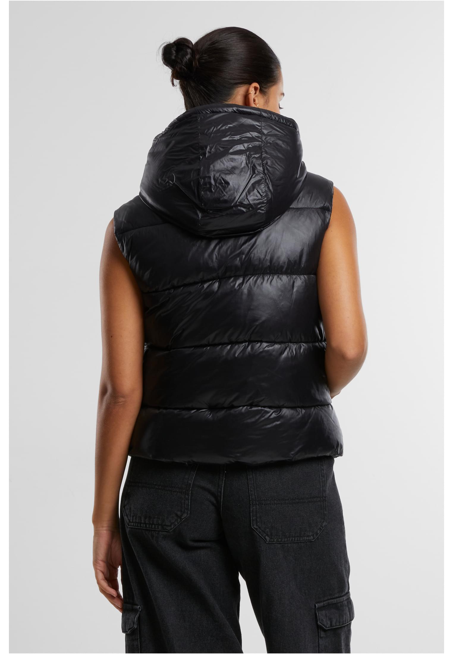 Ladies Recycled Shiny Puffer Vest with Hood | black