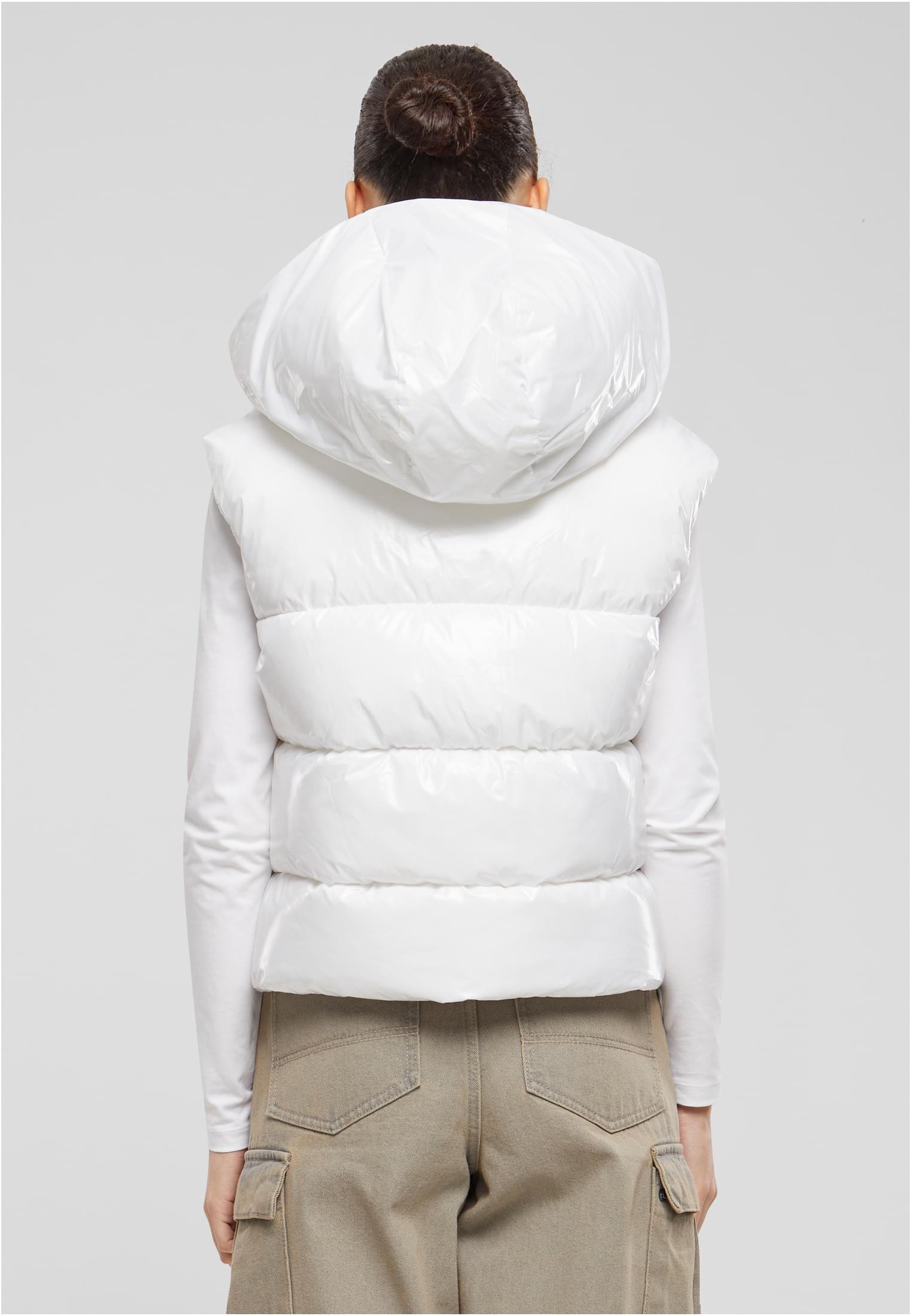 Ladies Recycled Shiny Puffer Vest with Hood | white