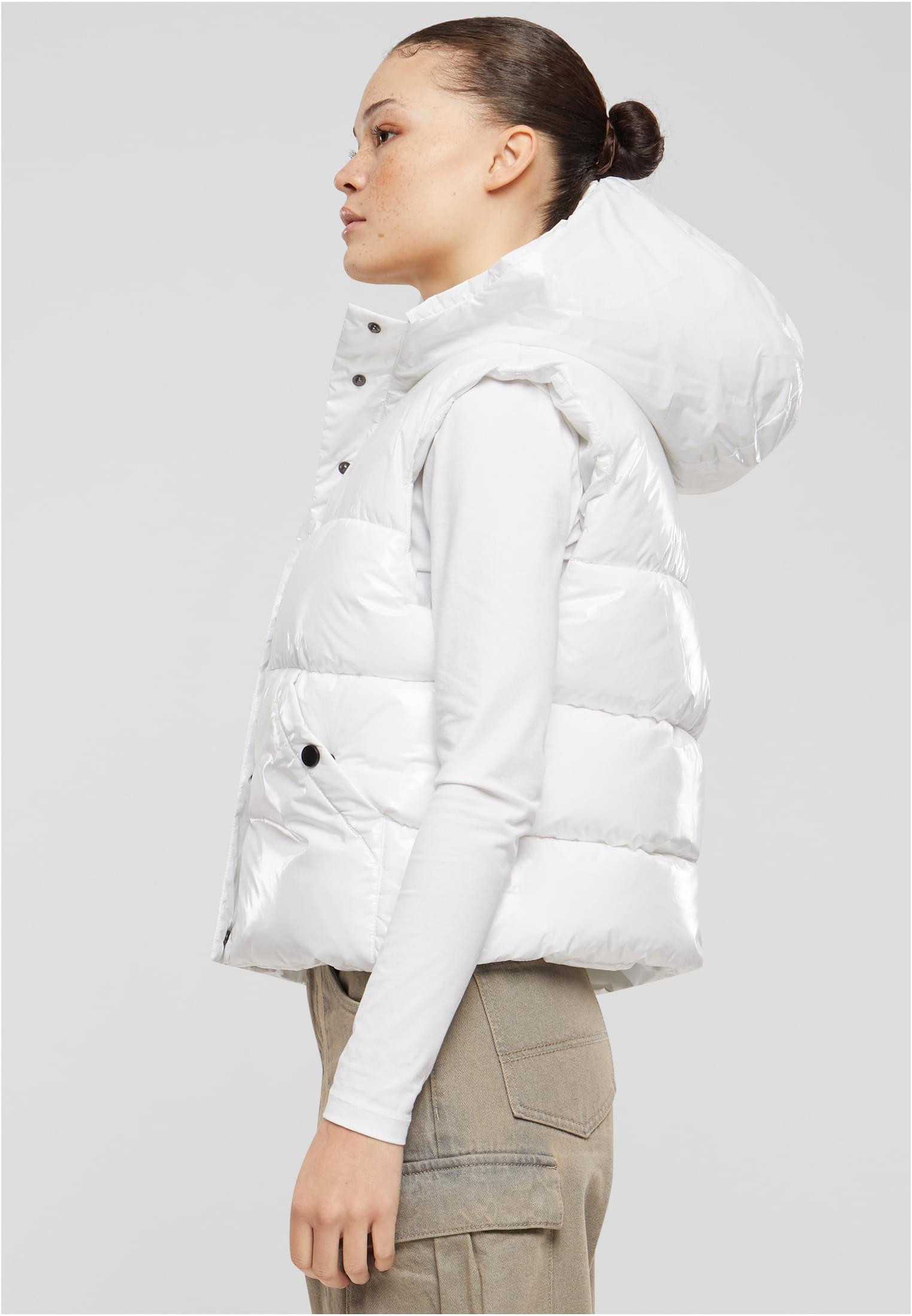 Ladies Recycled Shiny Puffer Vest with Hood | white