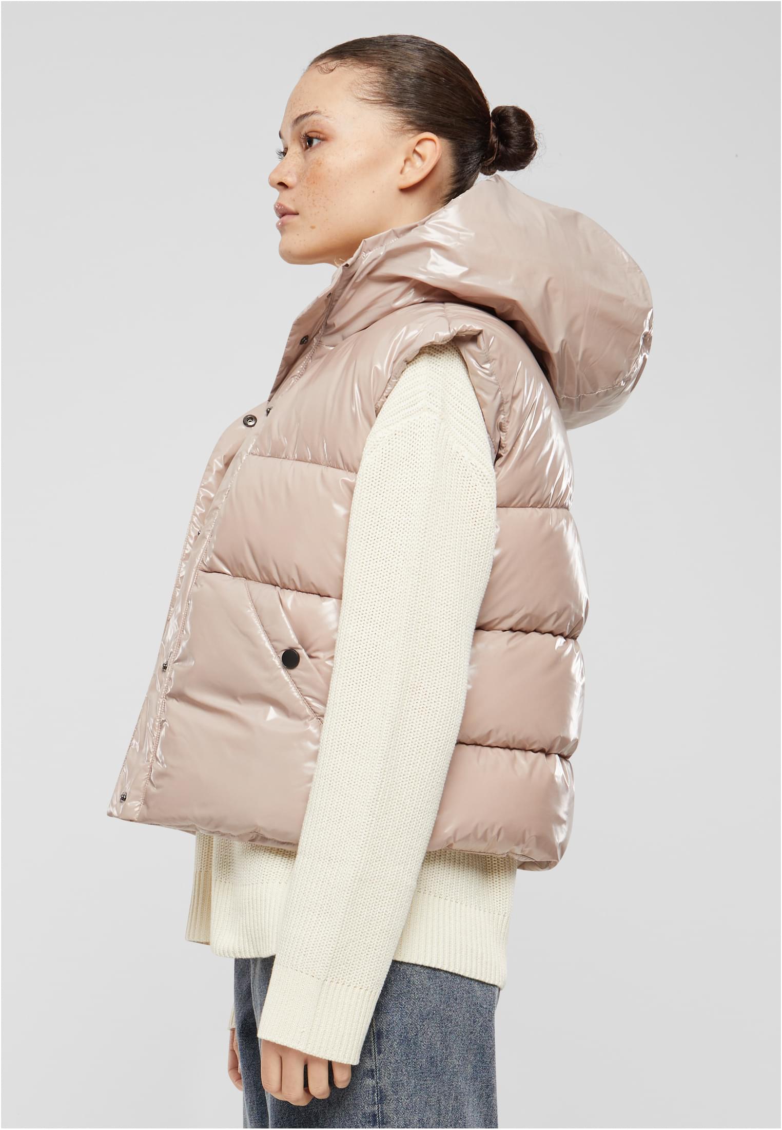 Ladies Recycled Shiny Puffer Vest with Hood | duskrose