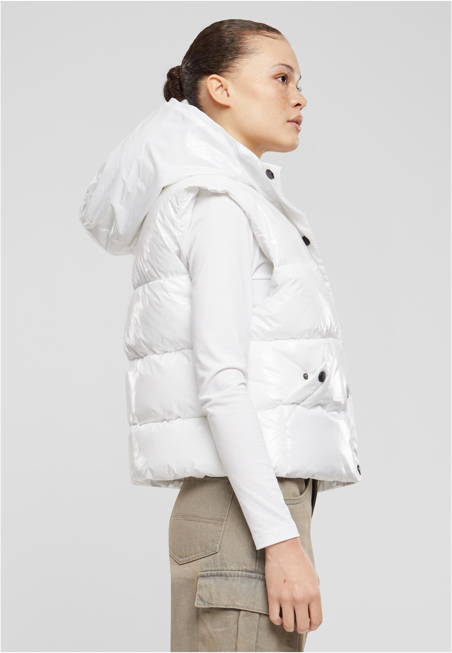 Ladies Recycled Shiny Puffer Vest with Hood | white