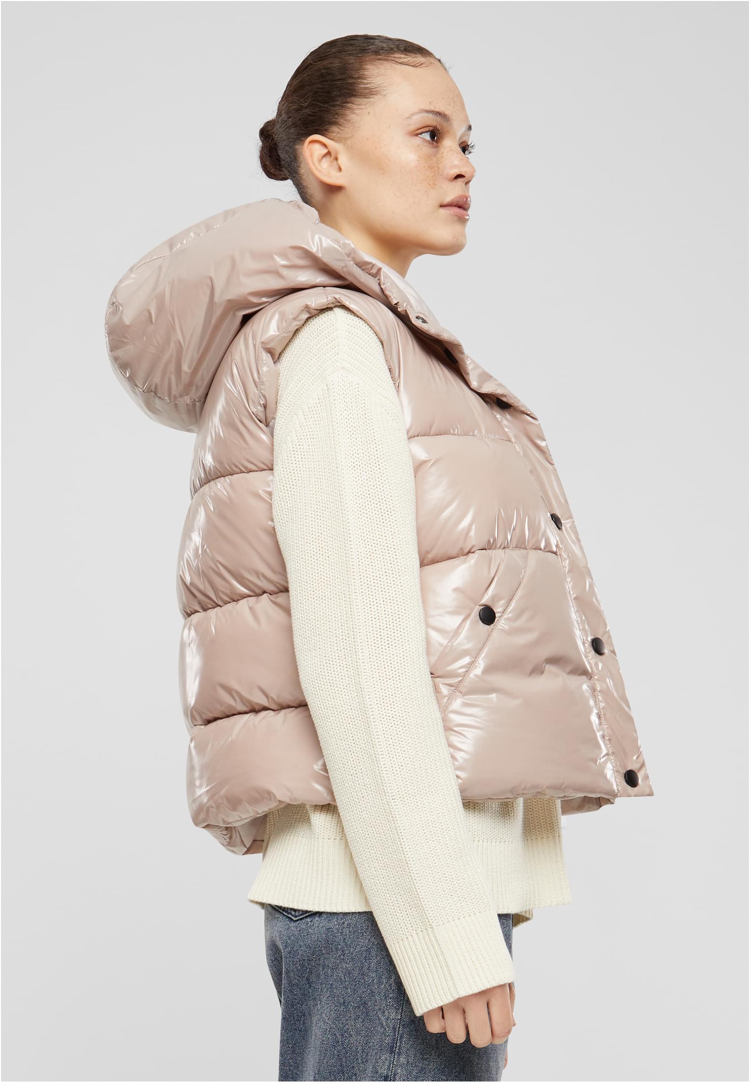 Ladies Recycled Shiny Puffer Vest with Hood | duskrose