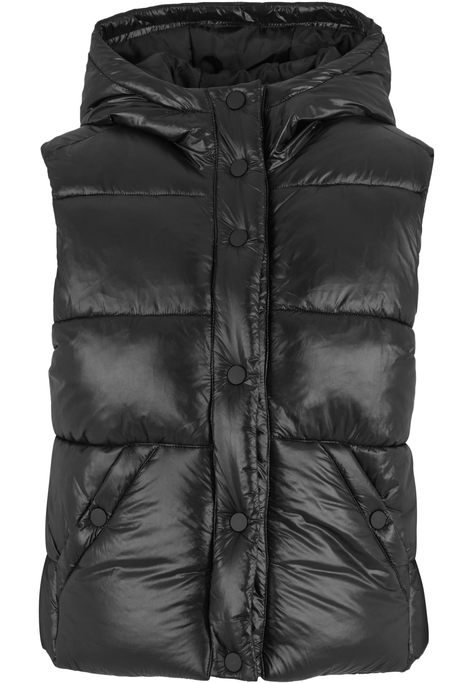 Ladies Recycled Shiny Puffer Vest with Hood | black