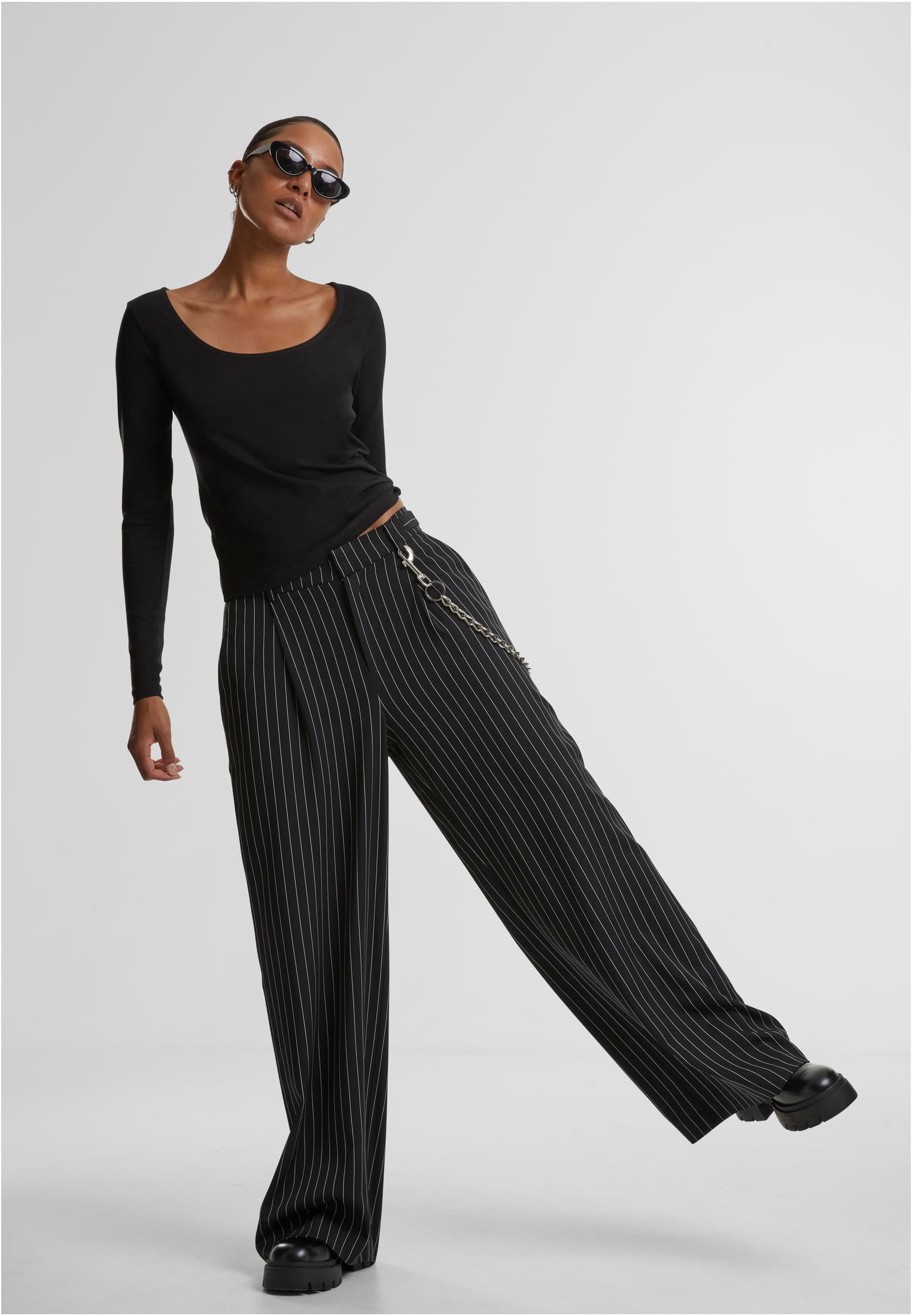 Ladies Pinstripe Wide Leg Trousers | darkgrey/white