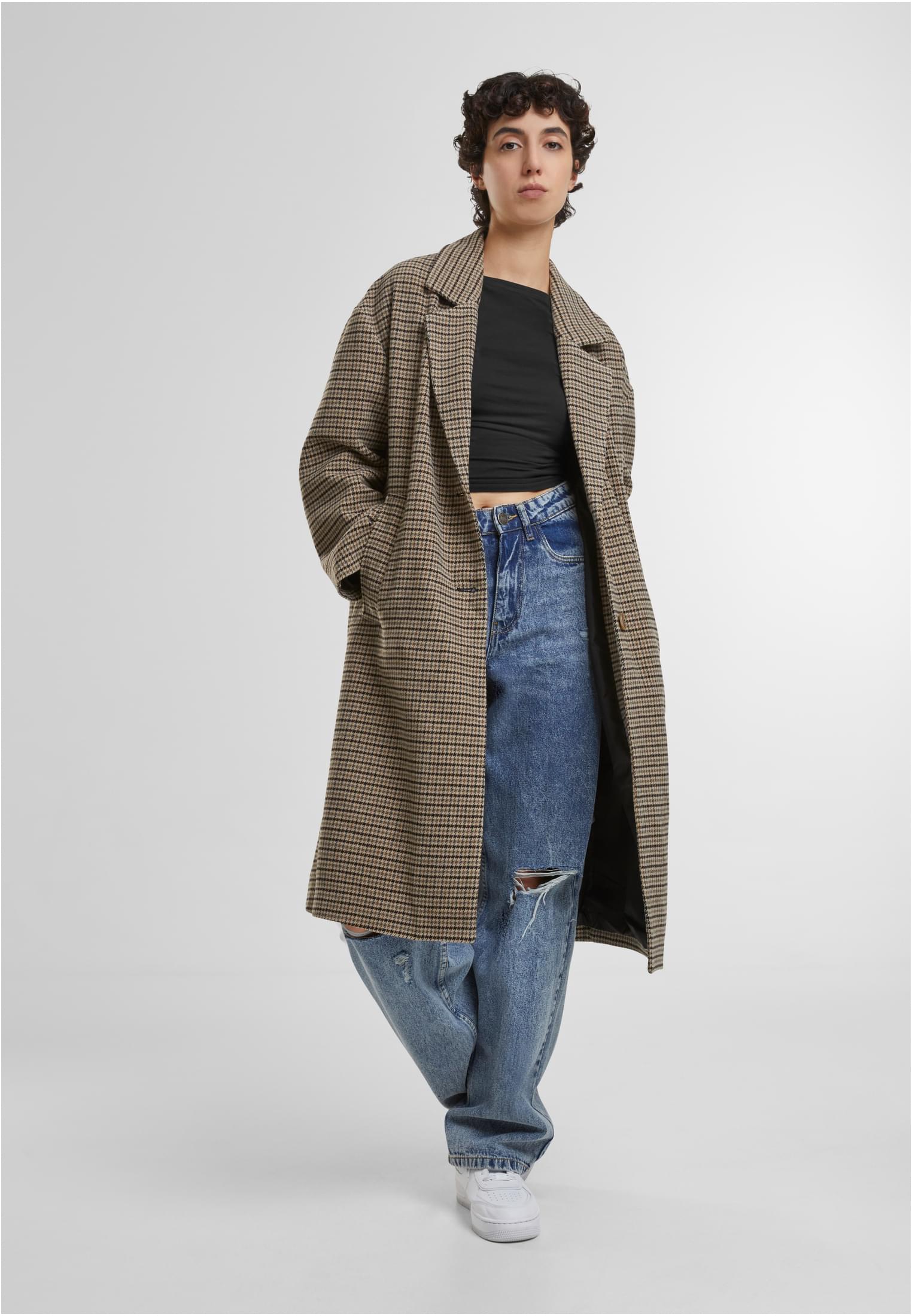 Ladies Oversized Plaid Coat | unionbeige/black