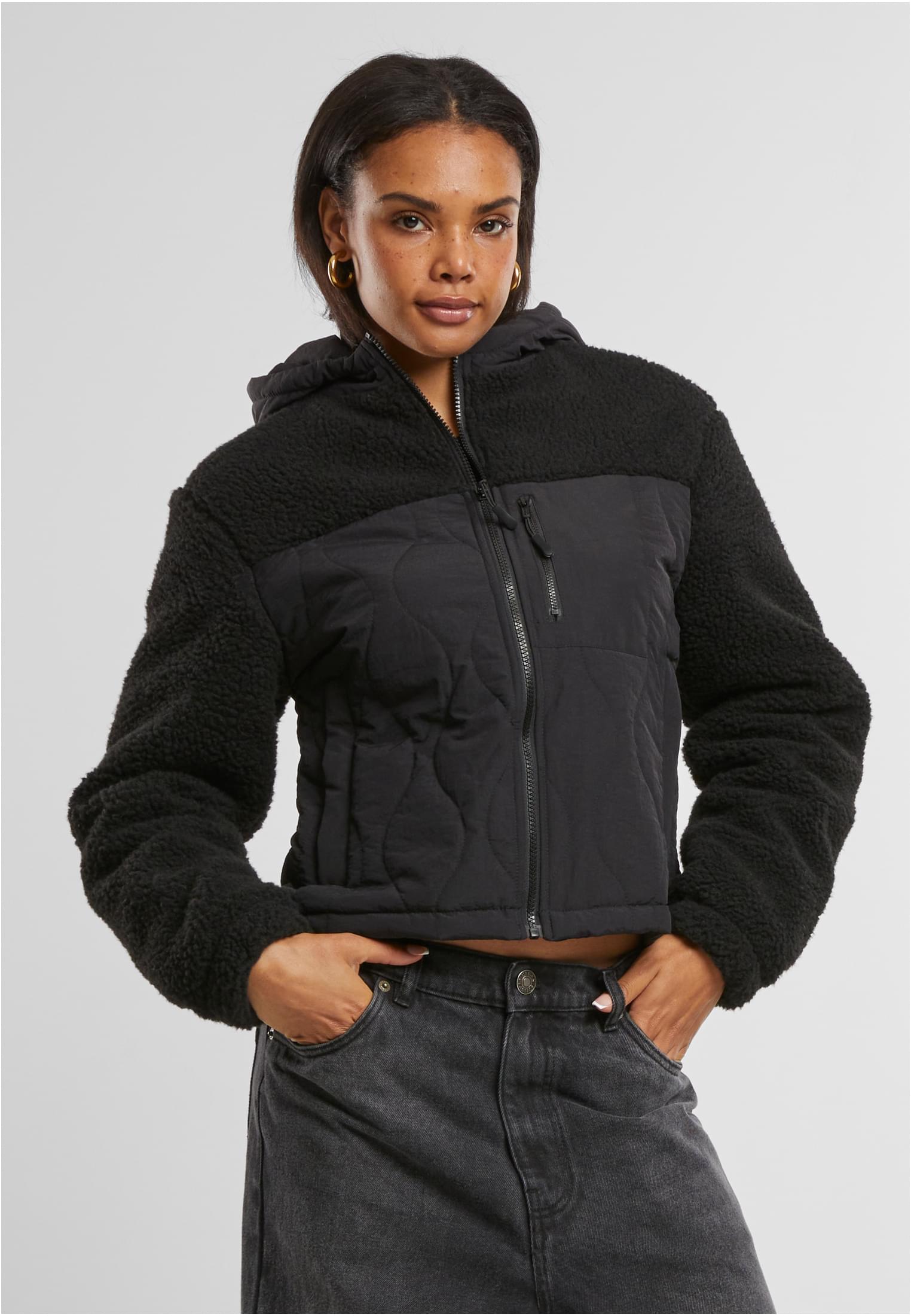 Ladies Sherpa Crinkle Nylon Mix Jacket | black/black