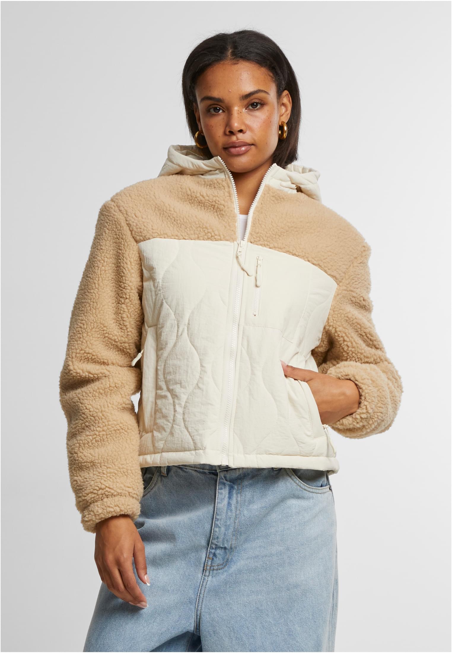 Ladies Sherpa Crinkle Nylon Mix Jacket | unionbeige/whitesand