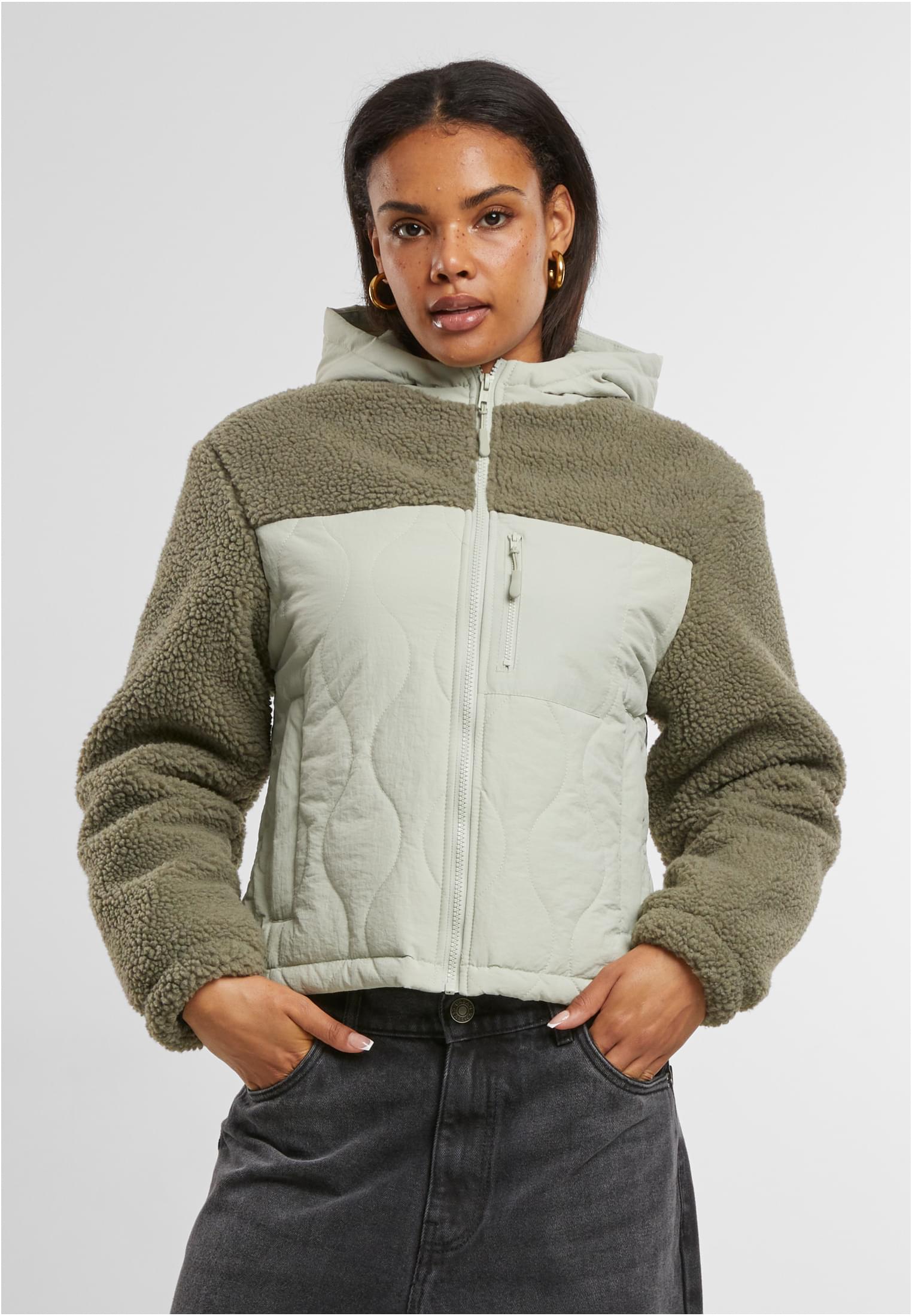 Ladies Sherpa Crinkle Nylon Mix Jacket | palegreen/stonegreen