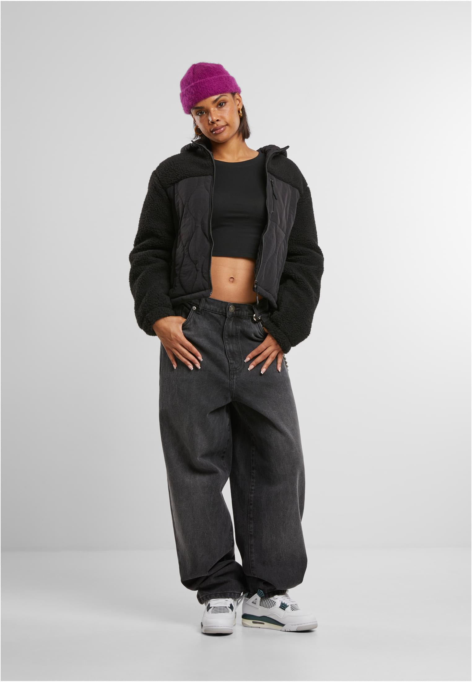 Ladies Sherpa Crinkle Nylon Mix Jacket | black/black