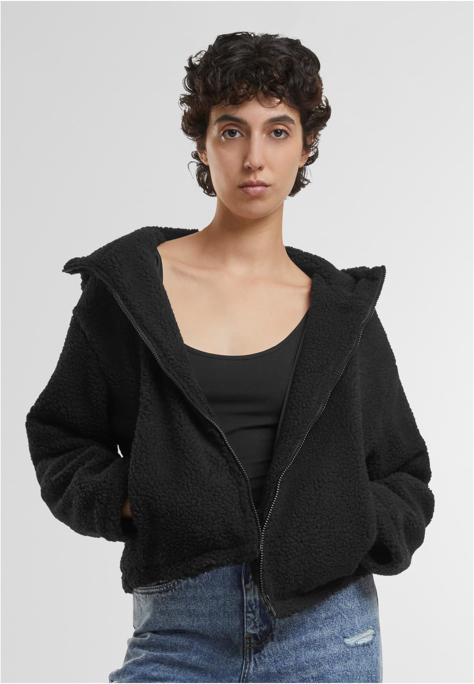 Ladies Short Hooded Sherpa Jacket | black