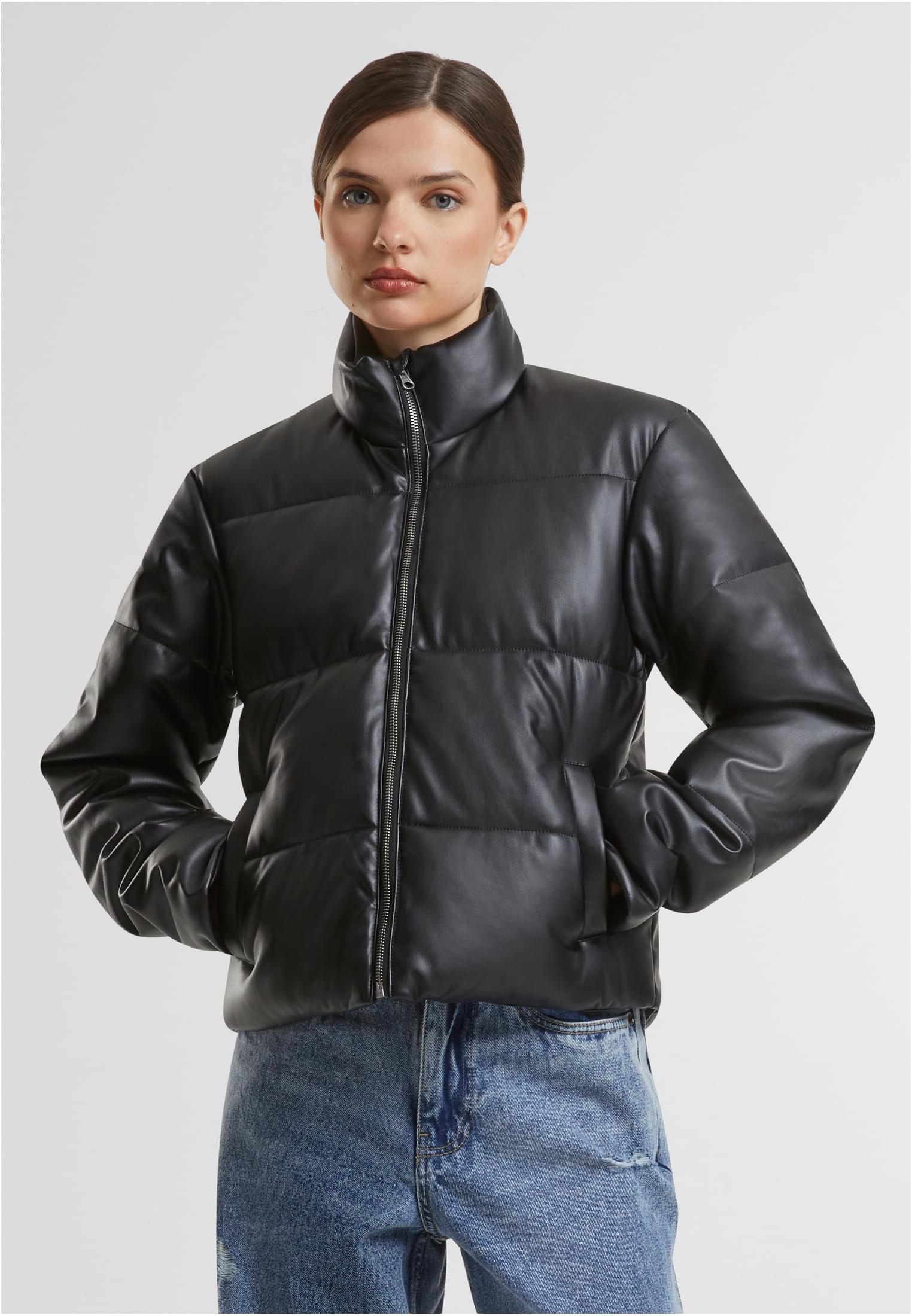 Ladies Synthetic Leather Puffer Jacket | black