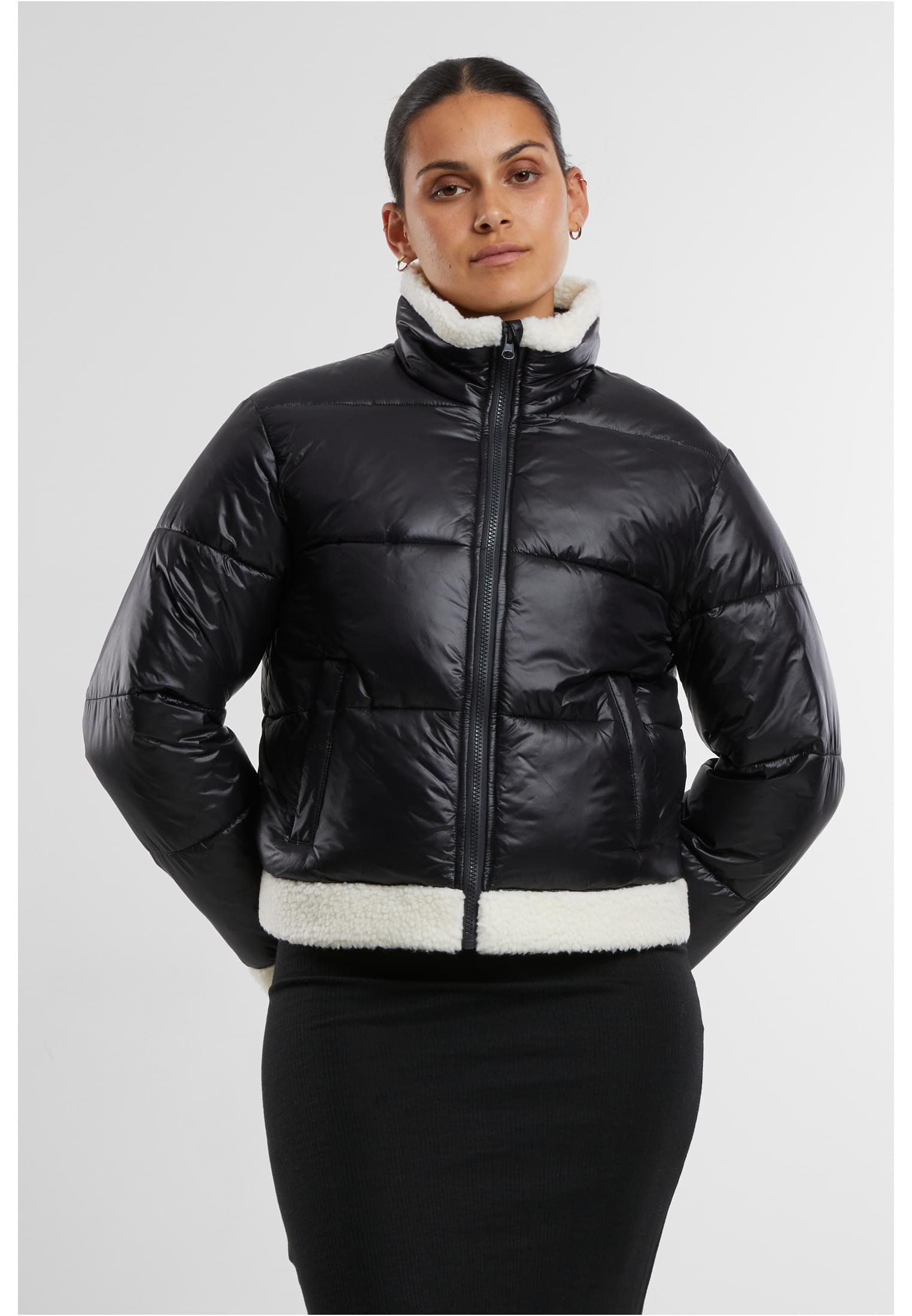 Ladies Recycled Shiny Puffer Sherpa Jacket | black/whitesand