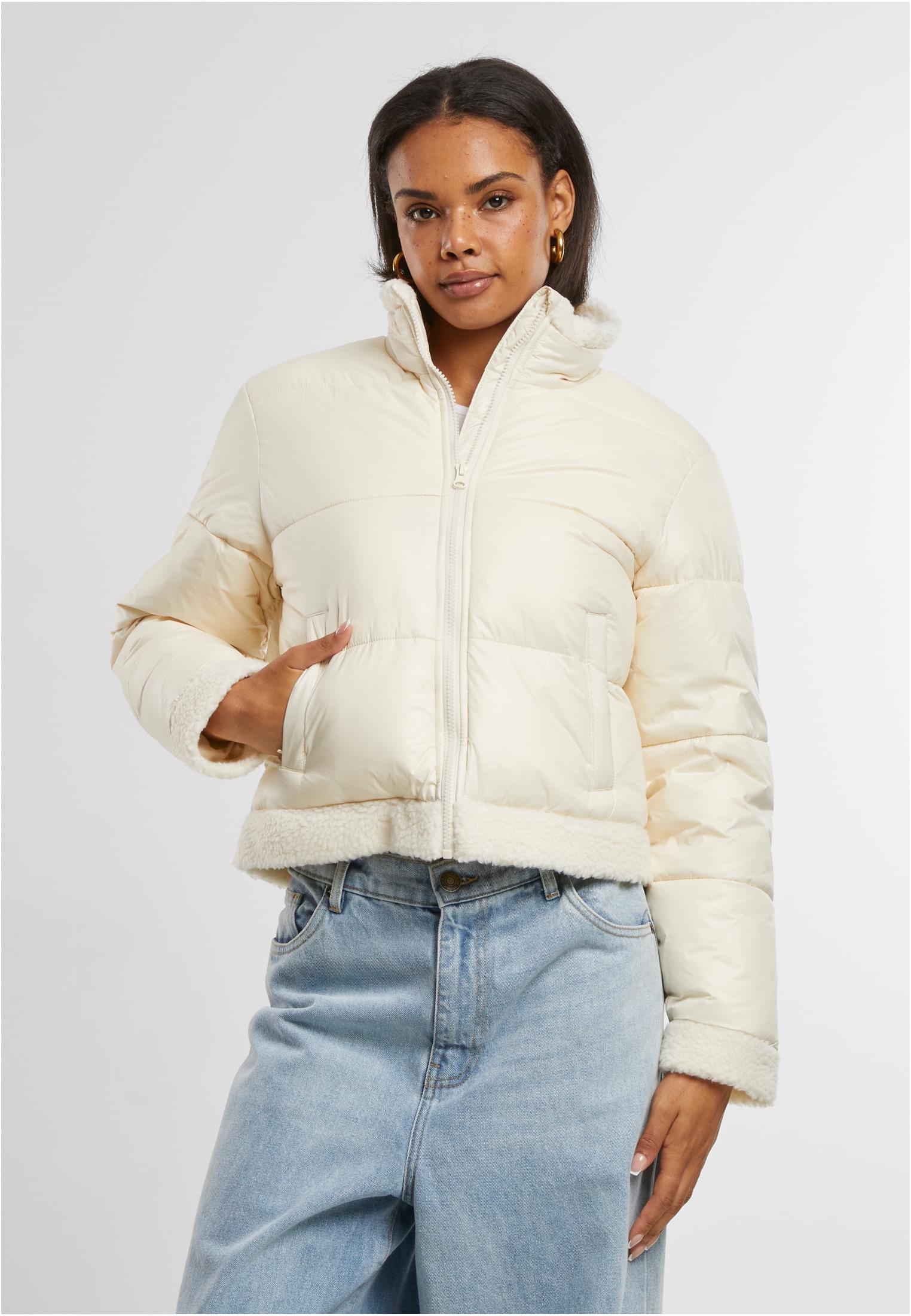 Ladies Recycled Shiny Puffer Sherpa Jacket | whitesand/whitesand