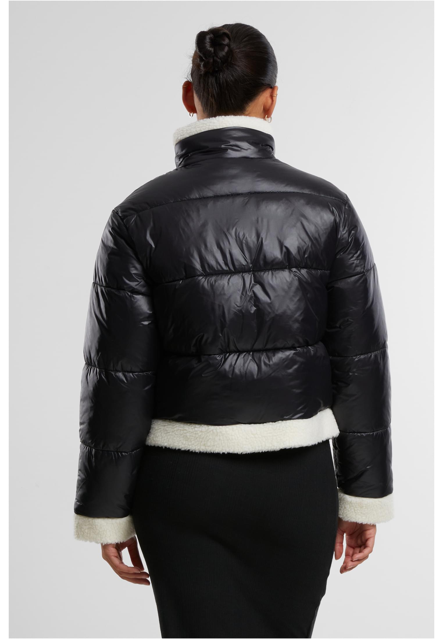 Ladies Recycled Shiny Puffer Sherpa Jacket | black/whitesand